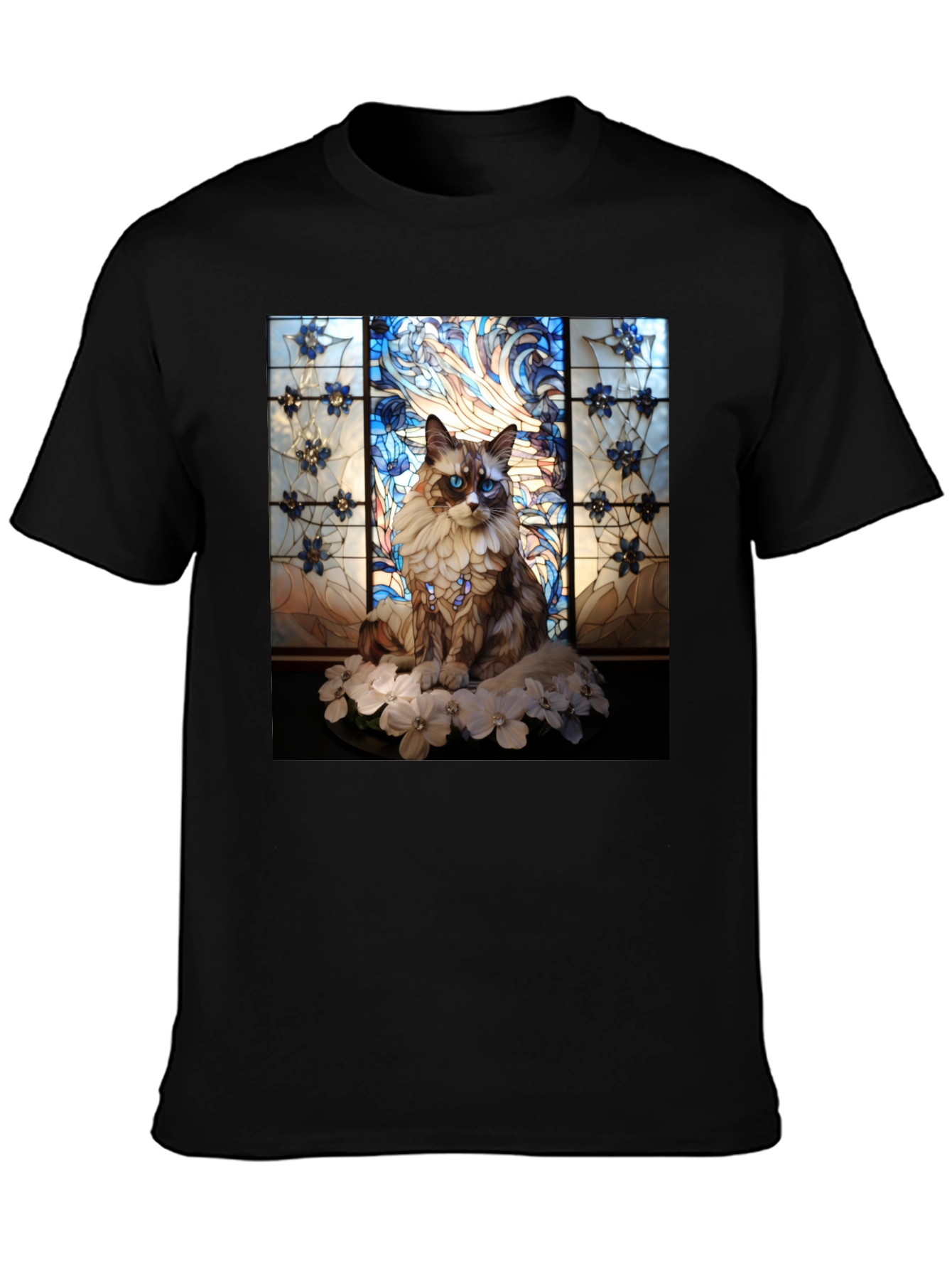 Black Stained Glass Cat Portrait T-Shirt view 3
