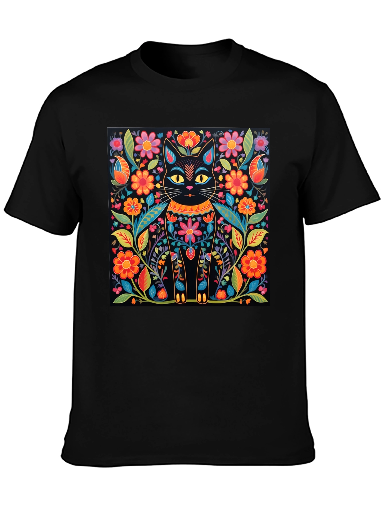 Black Floral Cat Graphic Print Black T-Shirt view 3