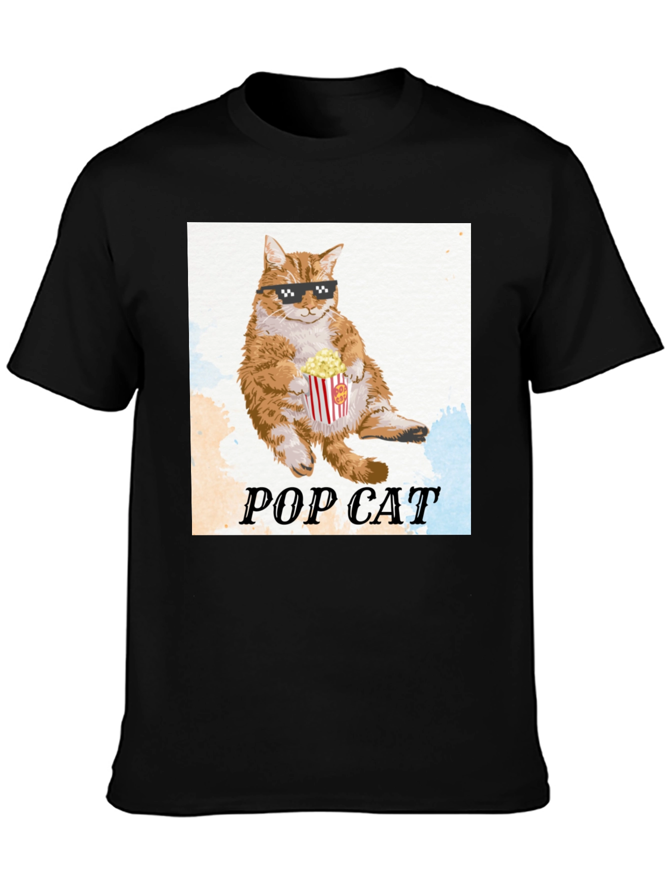Black Pop Cat T-Shirt: Cool Cat with Popcorn view 3