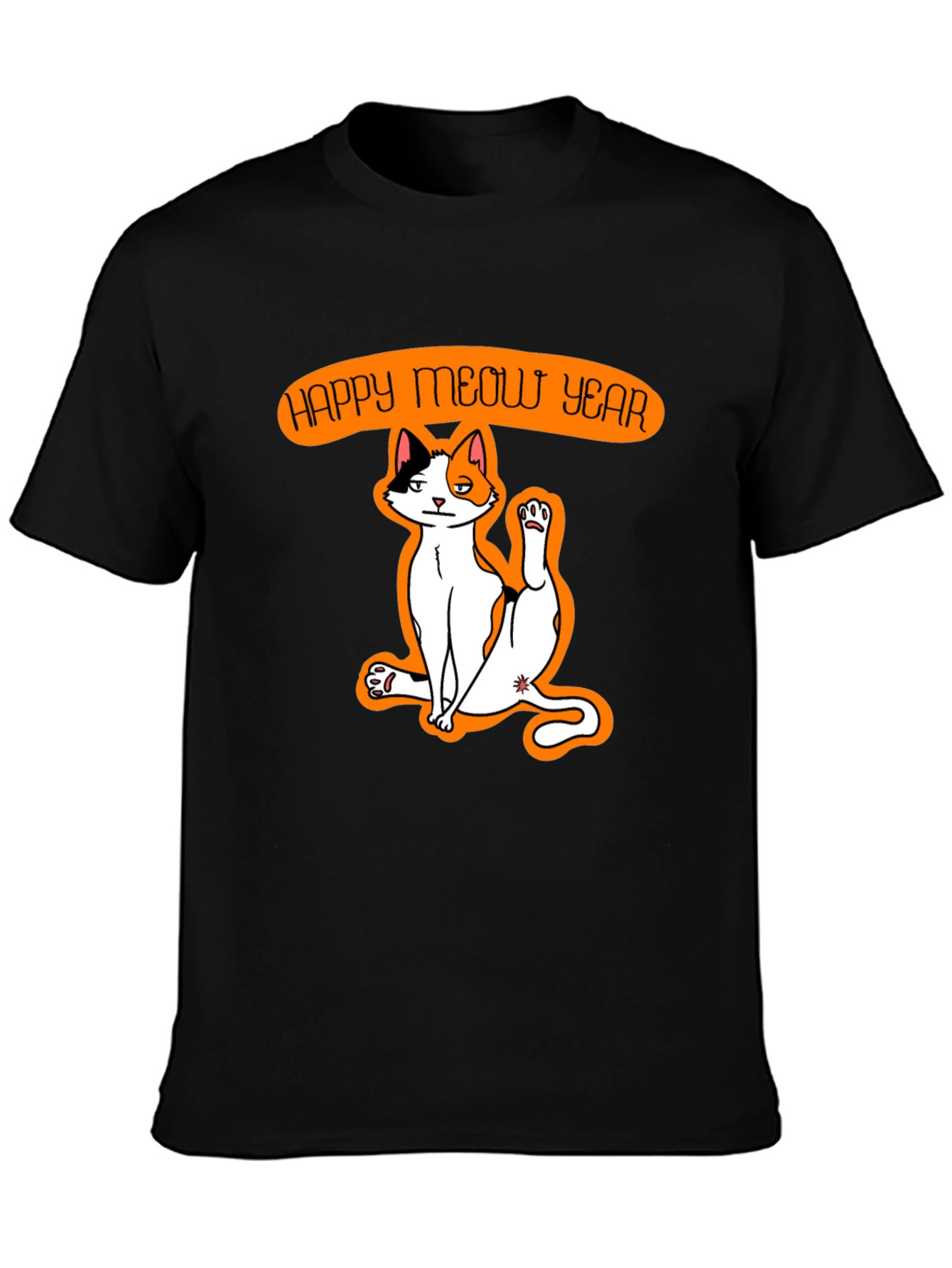 Black Happy Meow Year T-Shirt - Festive Cat Graphic Tee view 3