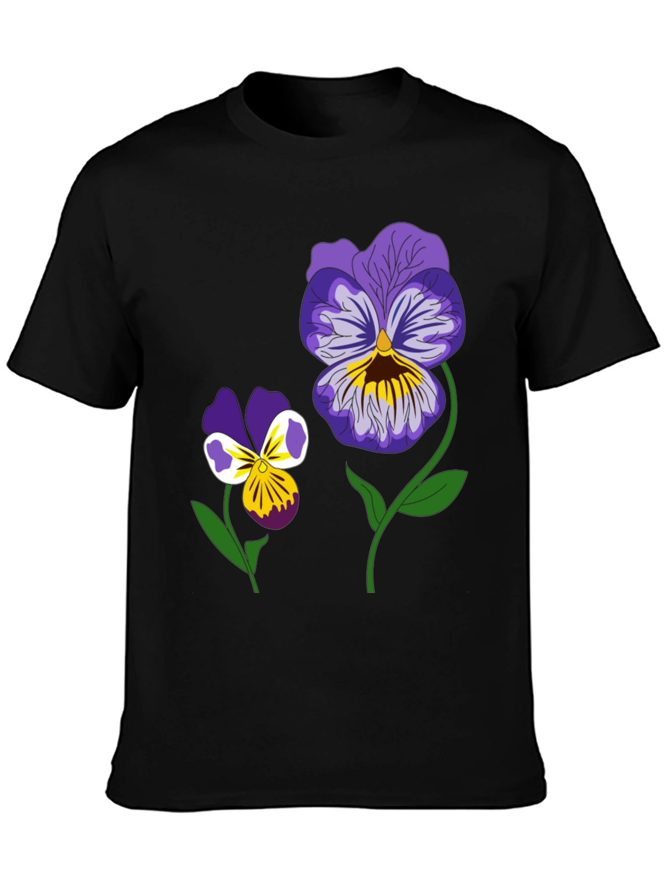Black Floral Graphic T-Shirt - Pansy Design Black Tee view 3
