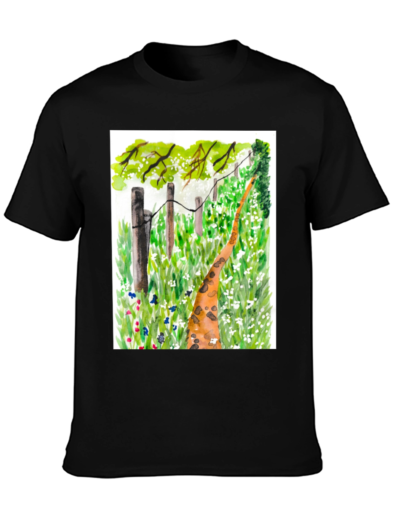 Black Watercolor Meadow Path Black T-Shirt view 3