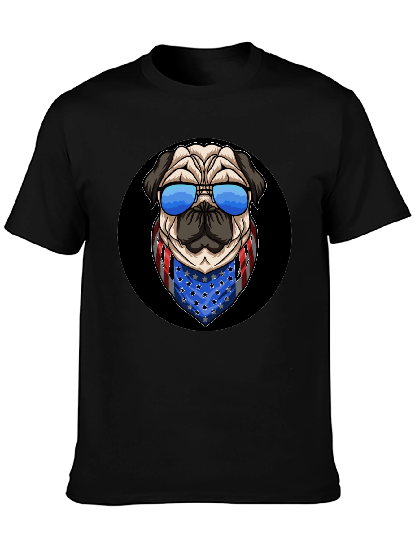 Black Patriotic Pug T-Shirt: USA Flag Bandana & Shades view 3
