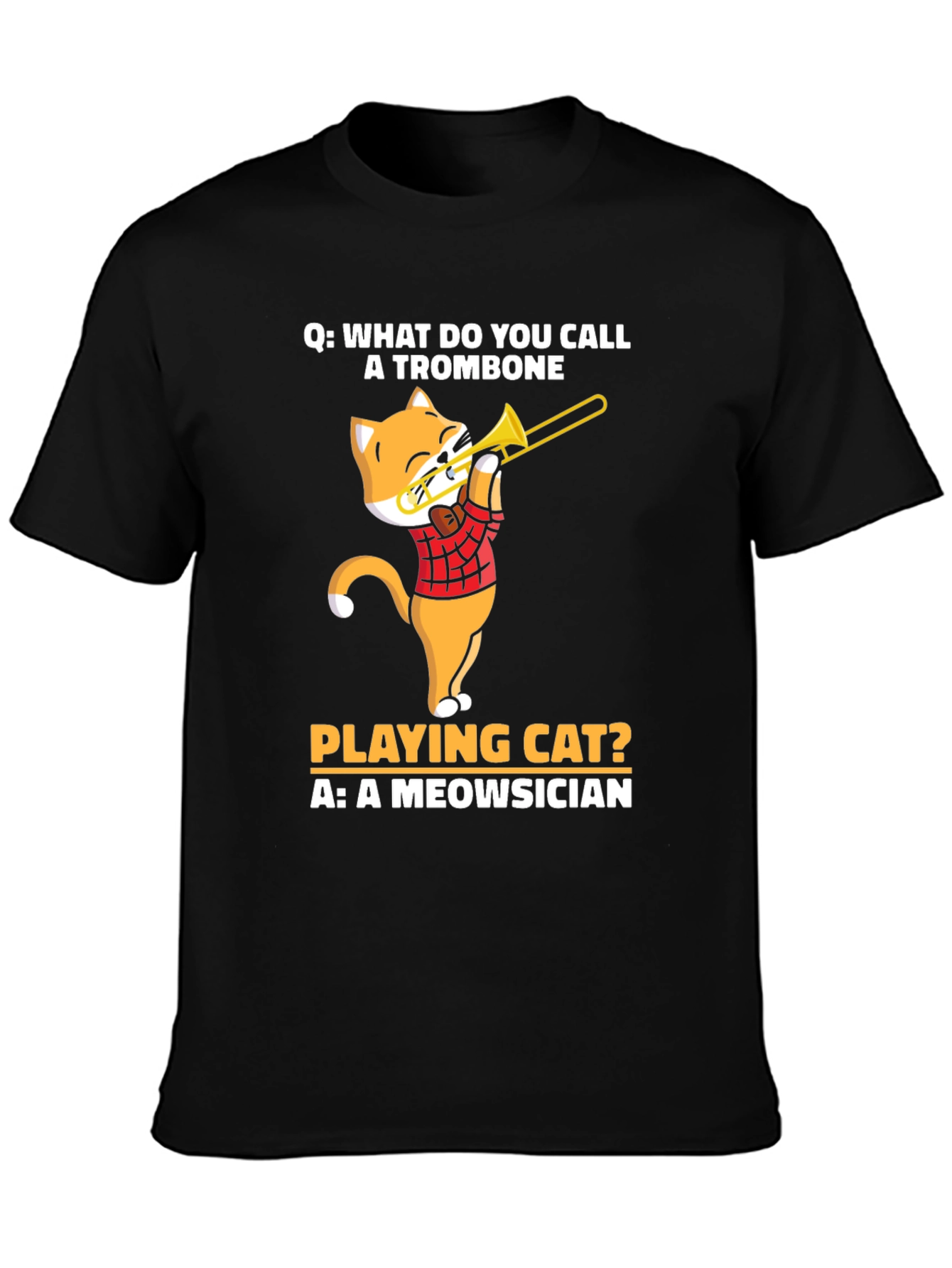 Black Meowsician Trombone Cat T-Shirt view 3