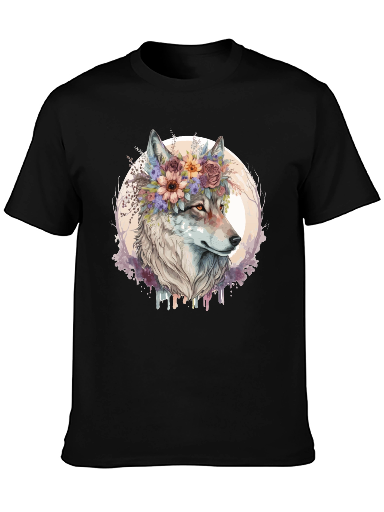 Black Wolf Flower Crown Graphic Tee - Unisex Black T-Shirt view 3
