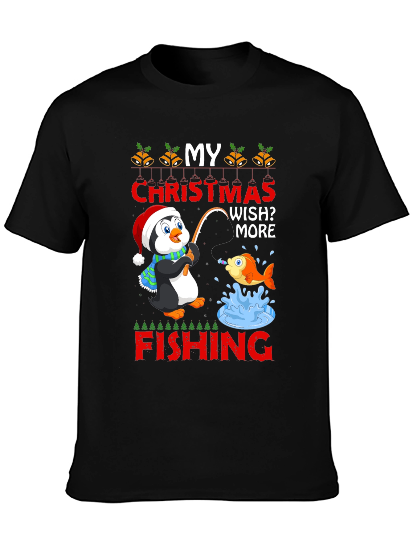 Black Christmas Penguin Fishing T-Shirt view 3
