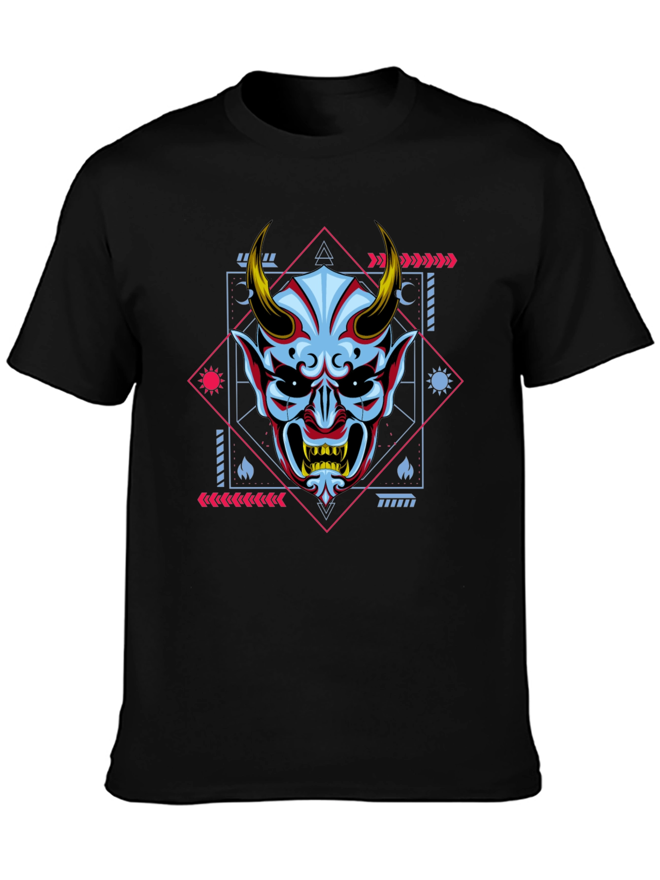 Black Geometric Oni Mask Graphic Tee - Black view 3
