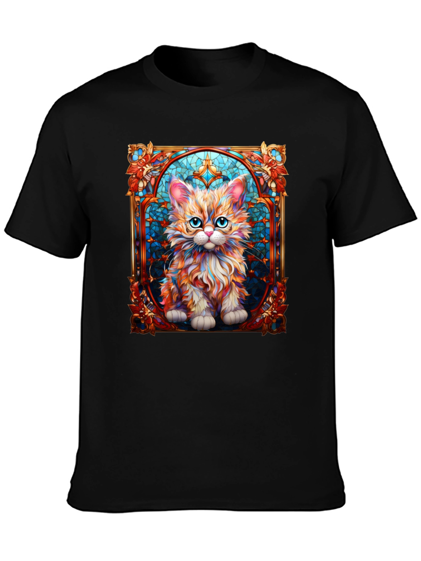 Black Stained Glass Cat Art T-Shirt view 3