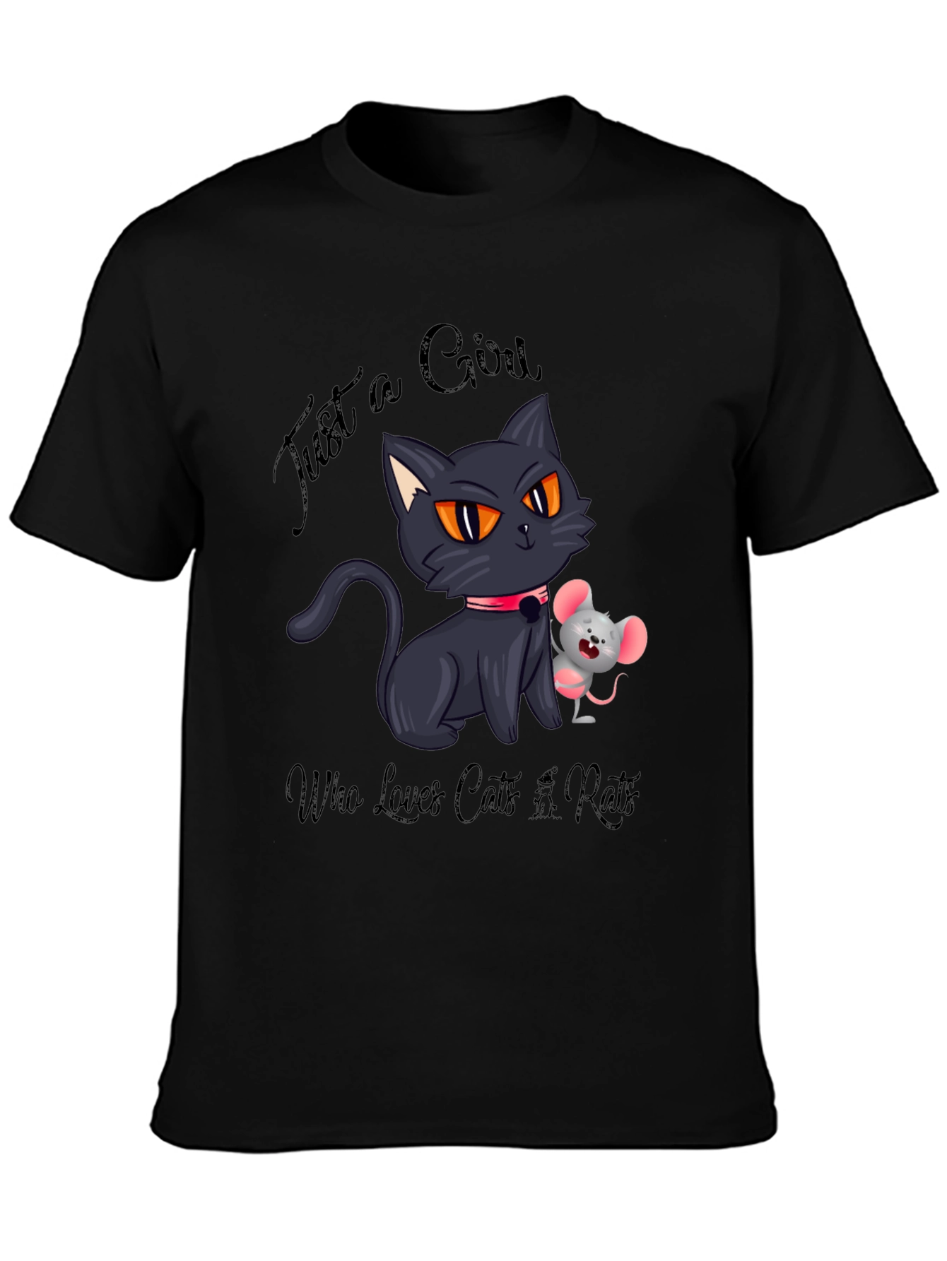 Black Cute Cat and Mouse Graphic Tee view 3