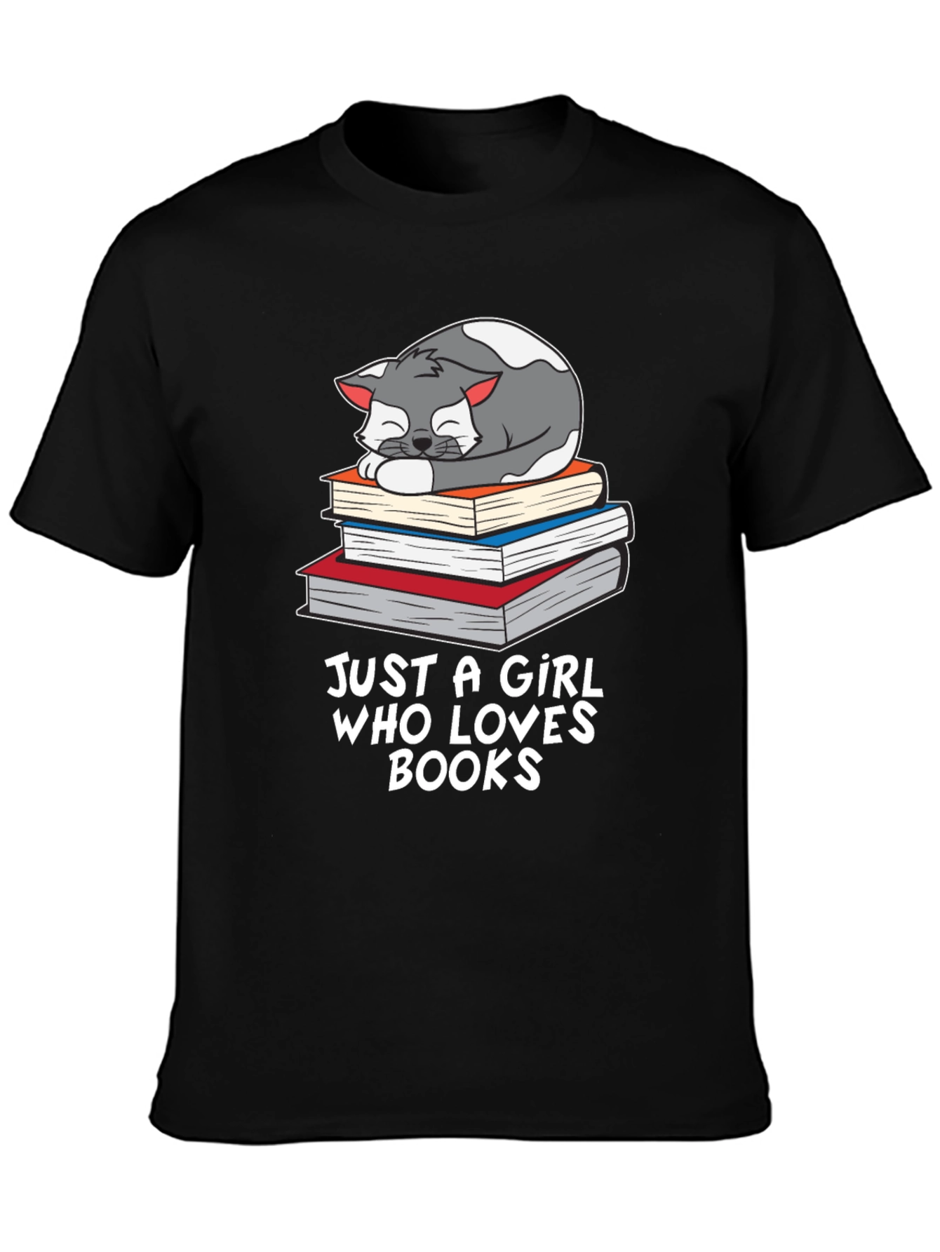 Black Cat on Books T-Shirt - Just a Girl Who Loves Books view 3