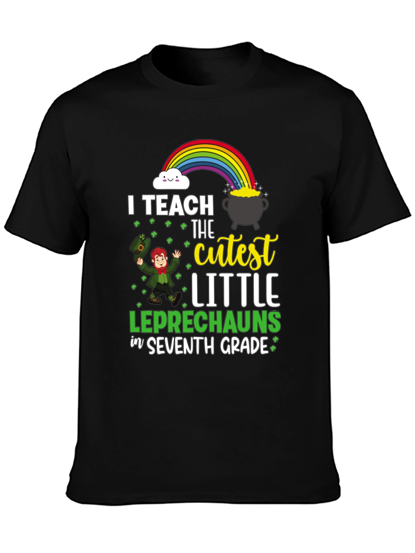 Black Cute Leprechaun Seventh Grade Teacher T-Shirt view 3