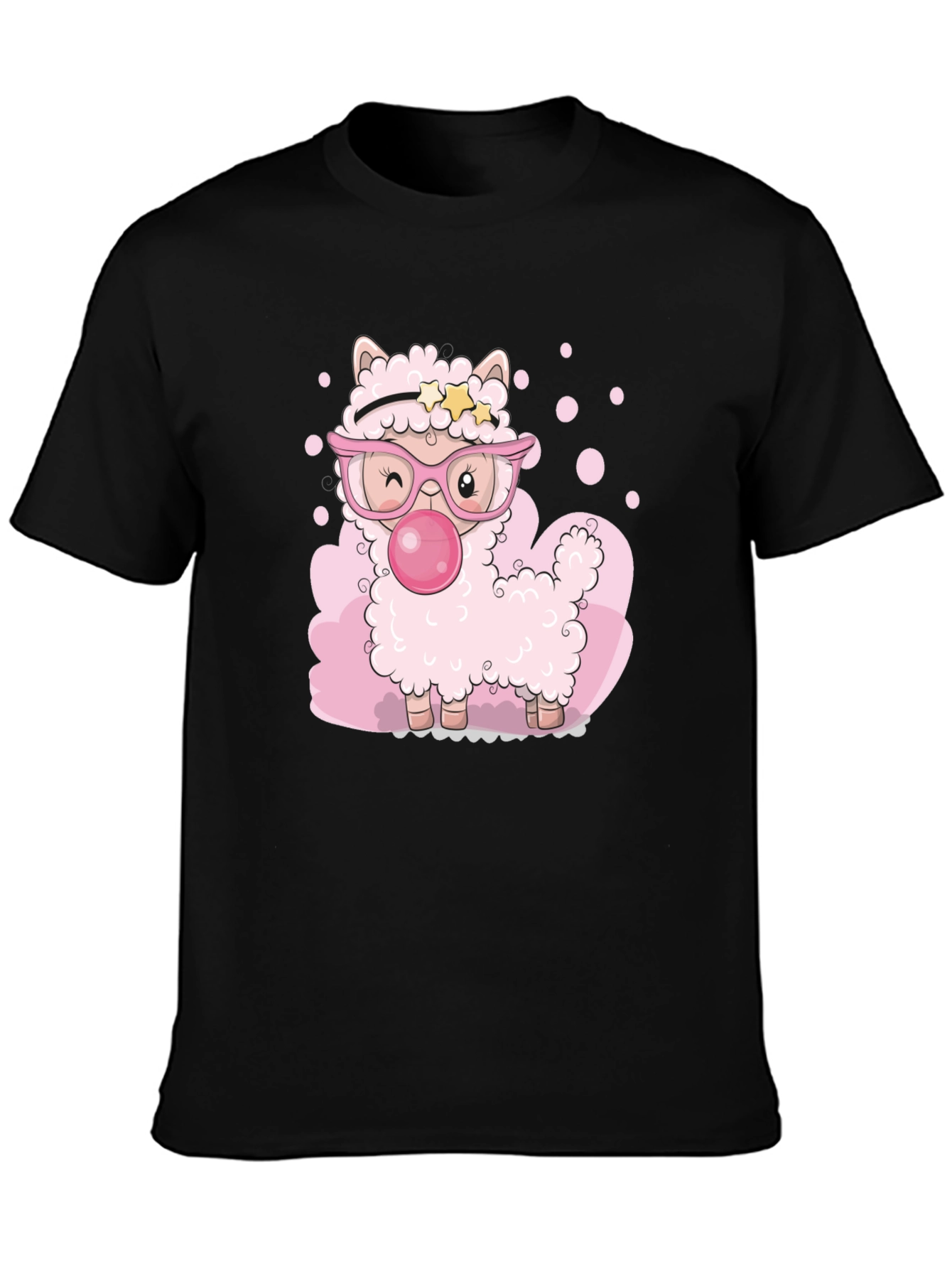 Black Cute Cartoon Llama Bubble Gum Black T-Shirt view 3