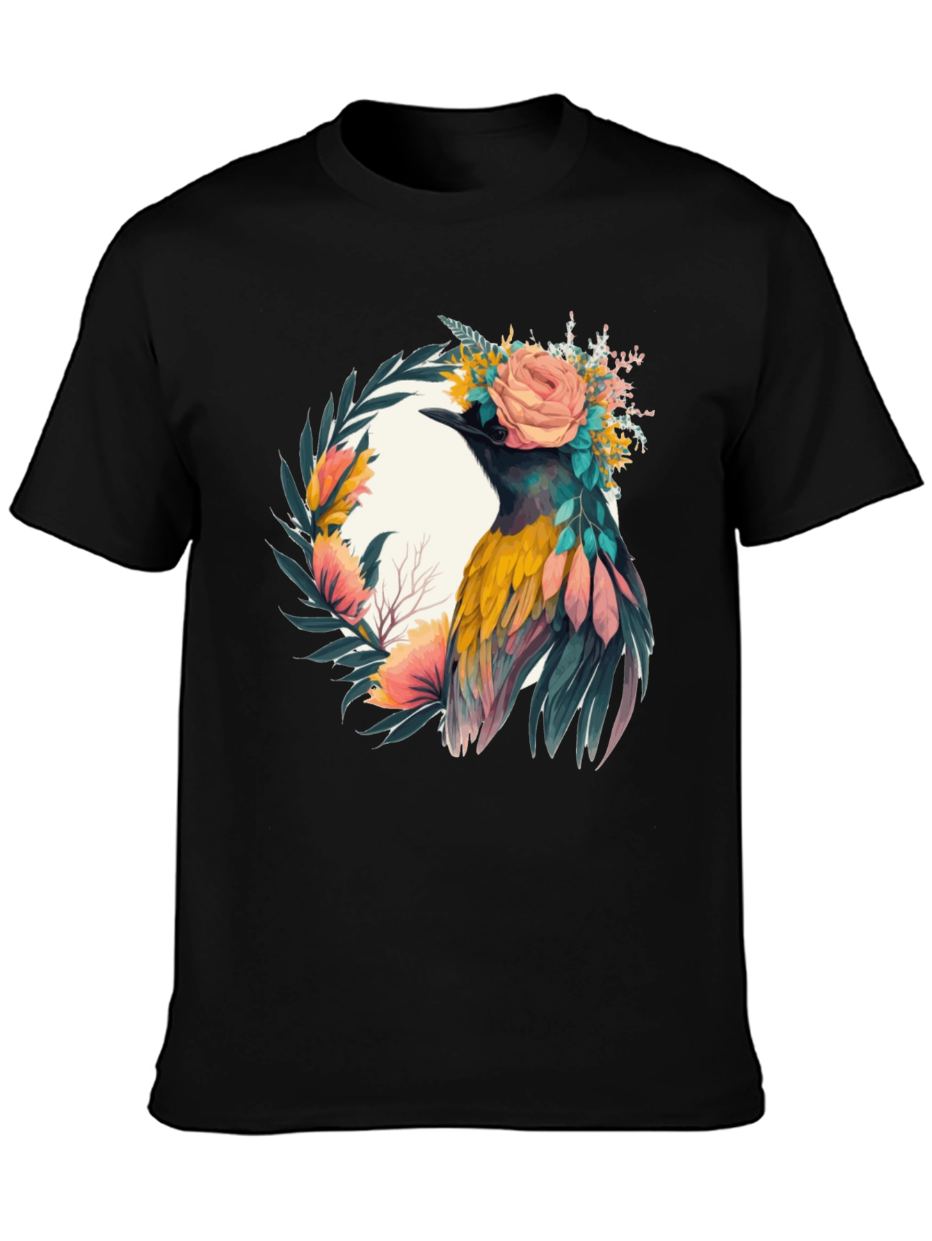Black Floral Bird Graphic Tee - Unique Design view 3