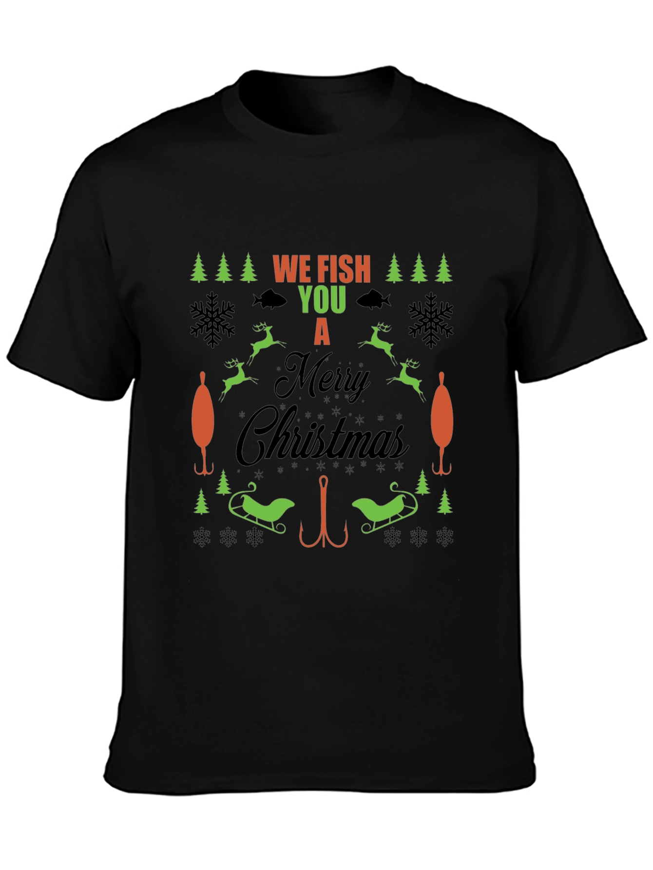 Black Funny Fishing Christmas T-Shirt view 3