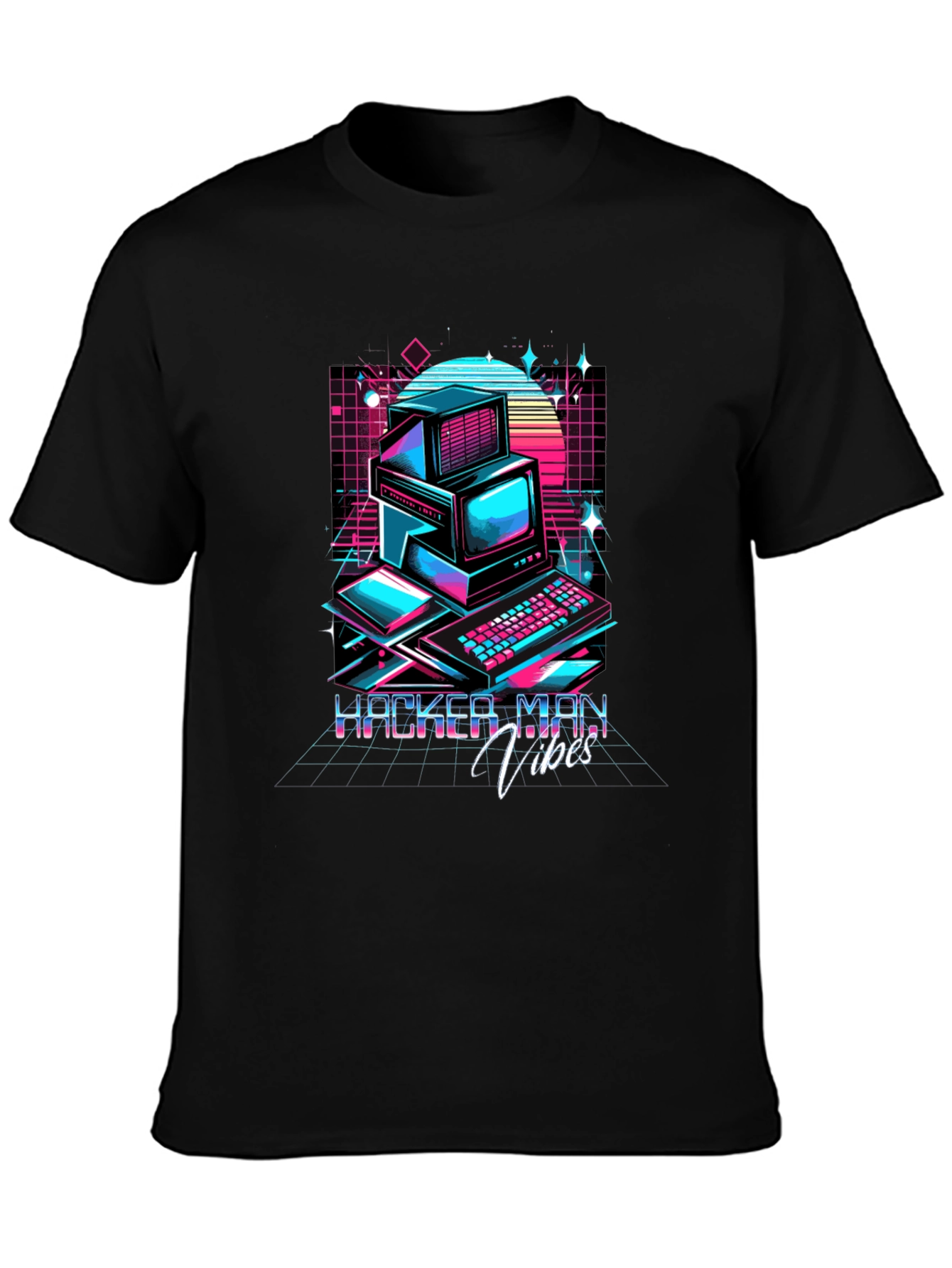 Black Hacker Man Vibes T-Shirt - Retro Computer Design view 3