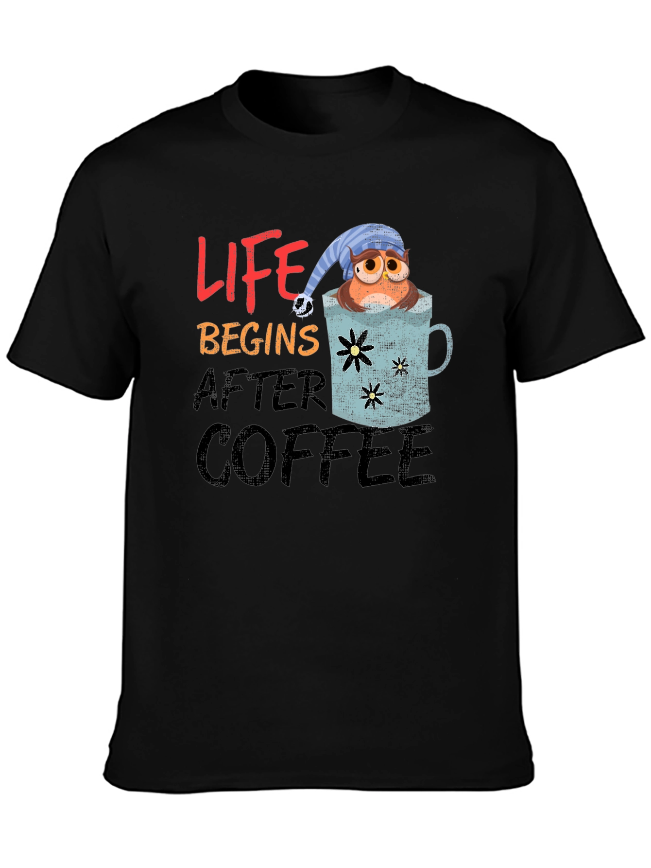 Black Life Begins After Coffee Owl Graphic T-Shirt view 3