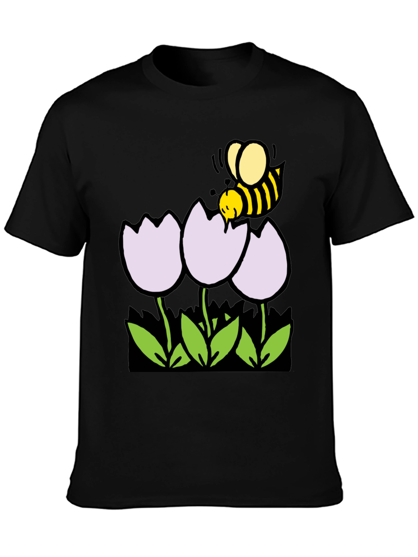 Black Bee and Flowers Graphic T-Shirt - Black Casual Tee view 3