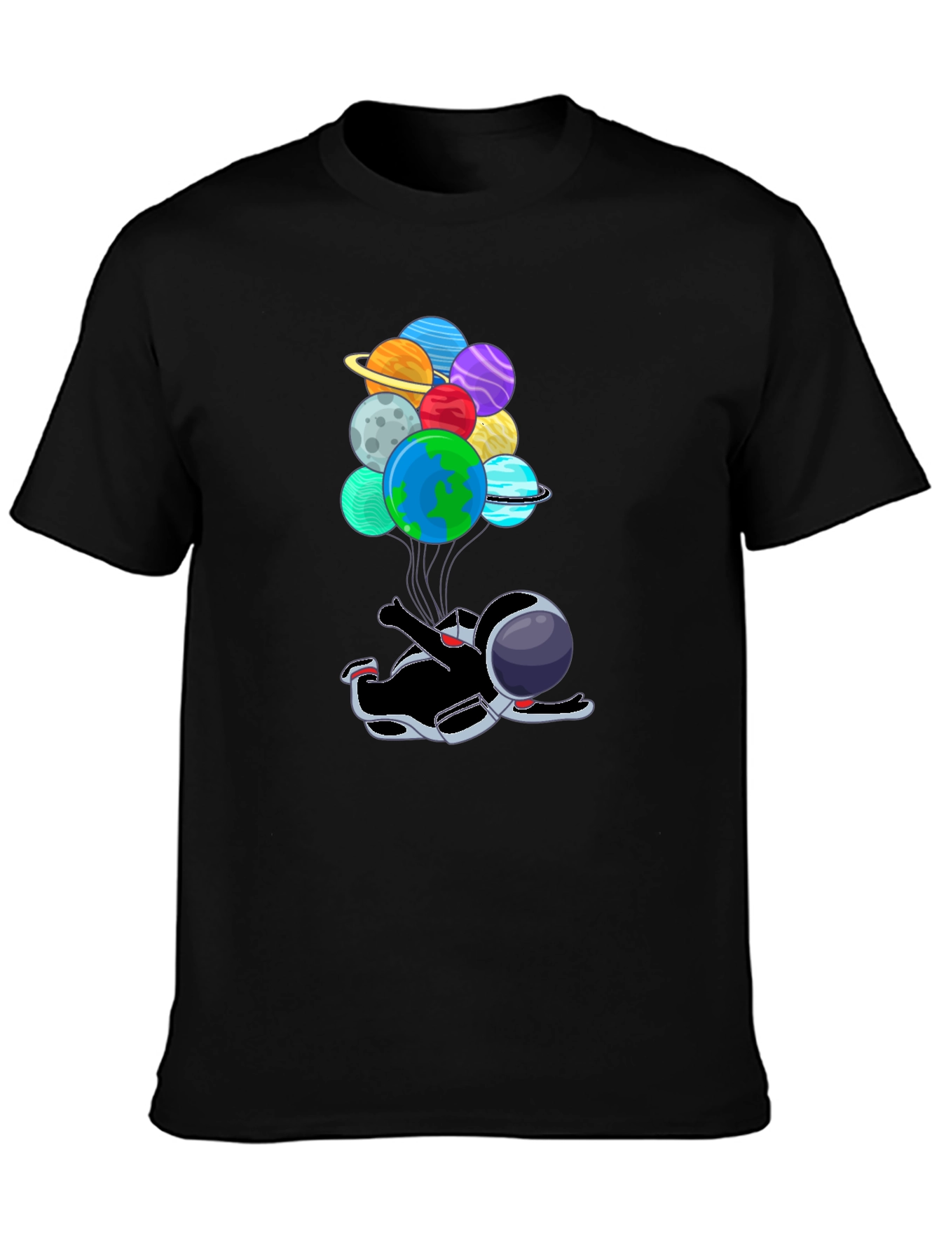 Black Astronaut Floating with Planet Balloons T-Shirt view 3
