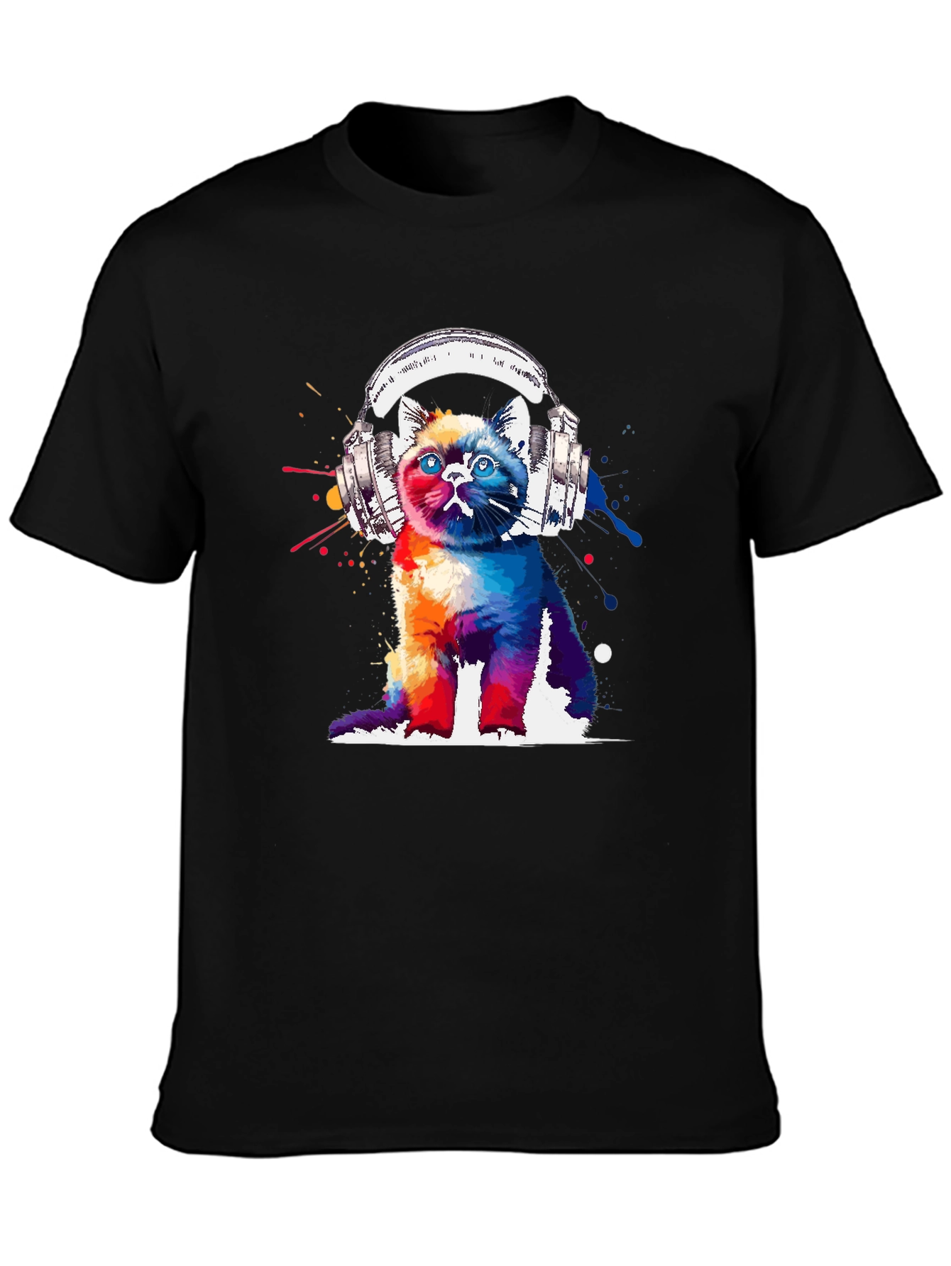 Black Colorful Cat Headphones Graphic T-Shirt view 3