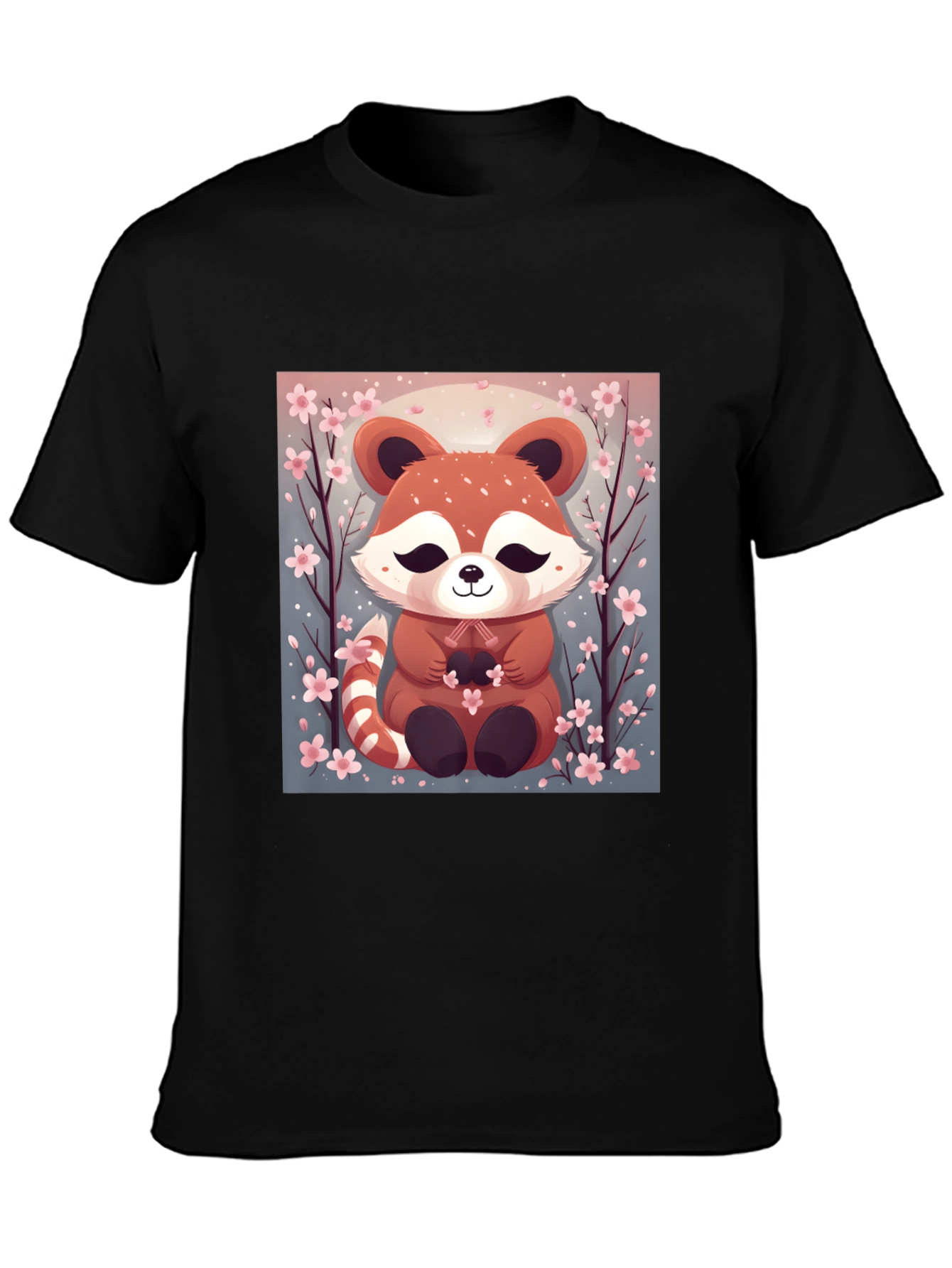 Black Cute Red Panda Cherry Blossom Black T-Shirt view 3