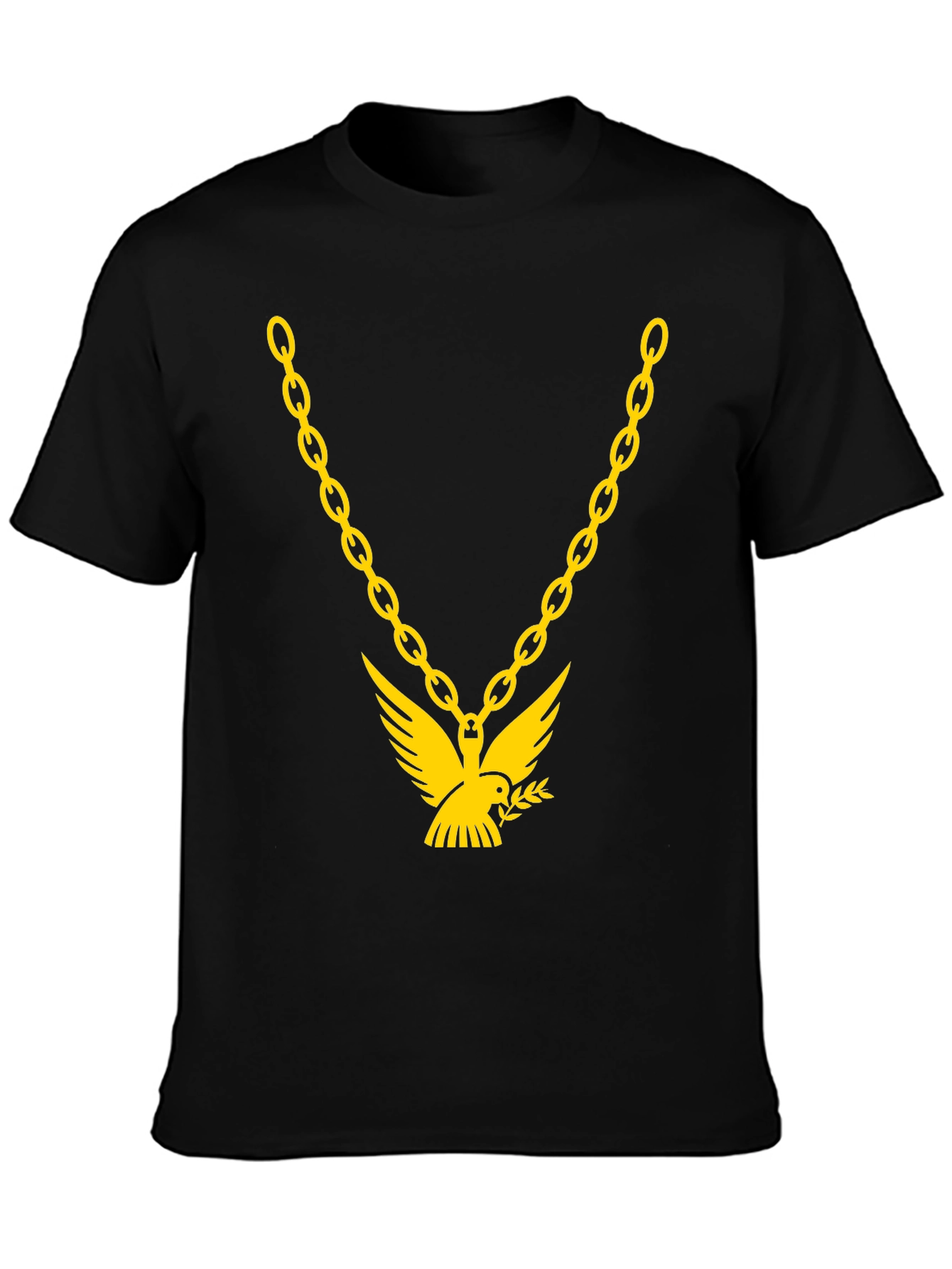 Black Men's Black T-Shirt with Gold Chain & Dove Graphic view 3