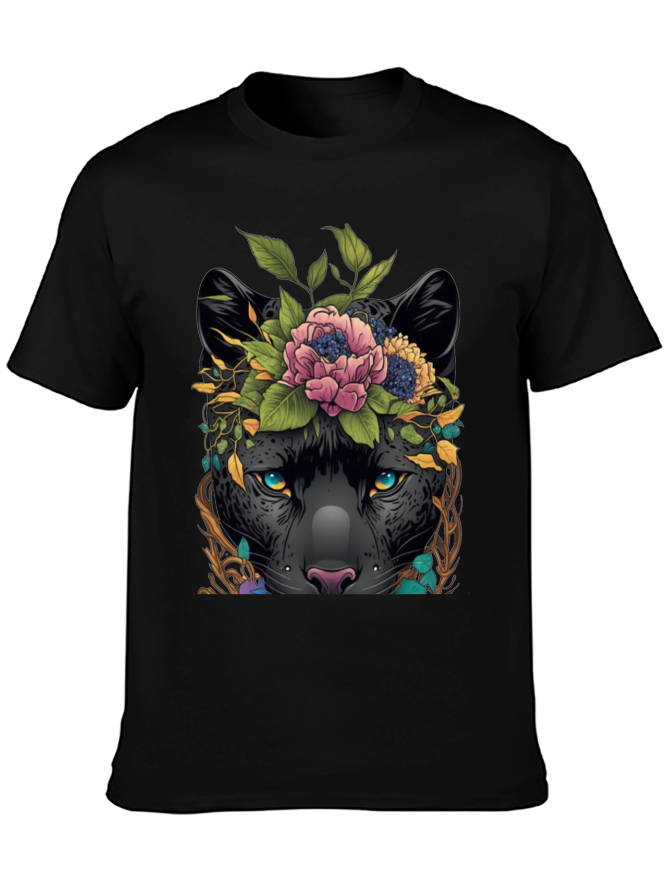 Black Floral Panther Graphic Tee - Unique Animal Design view 3