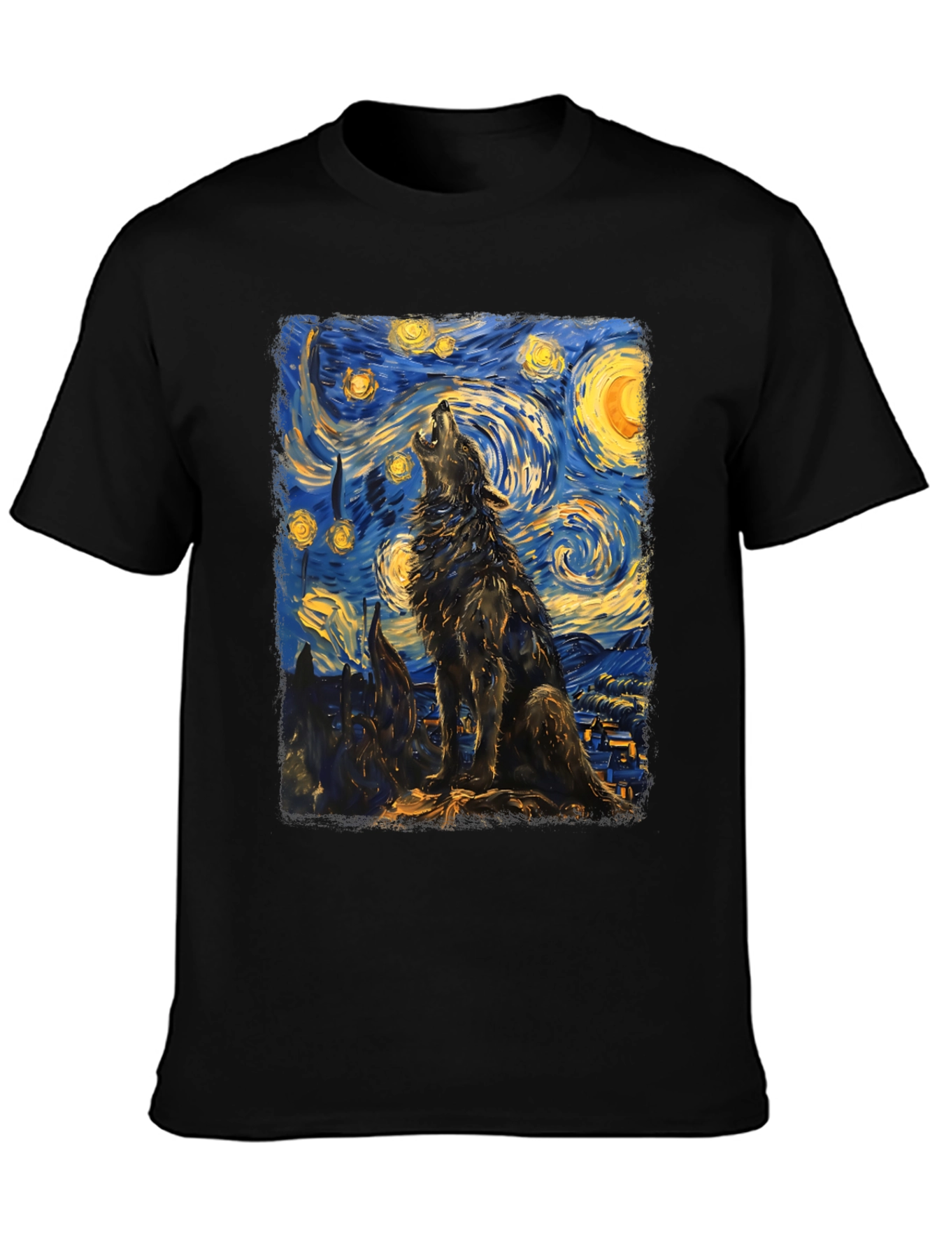 Black Starry Night Wolf Graphic Tee - Unique Artistic Design view 3