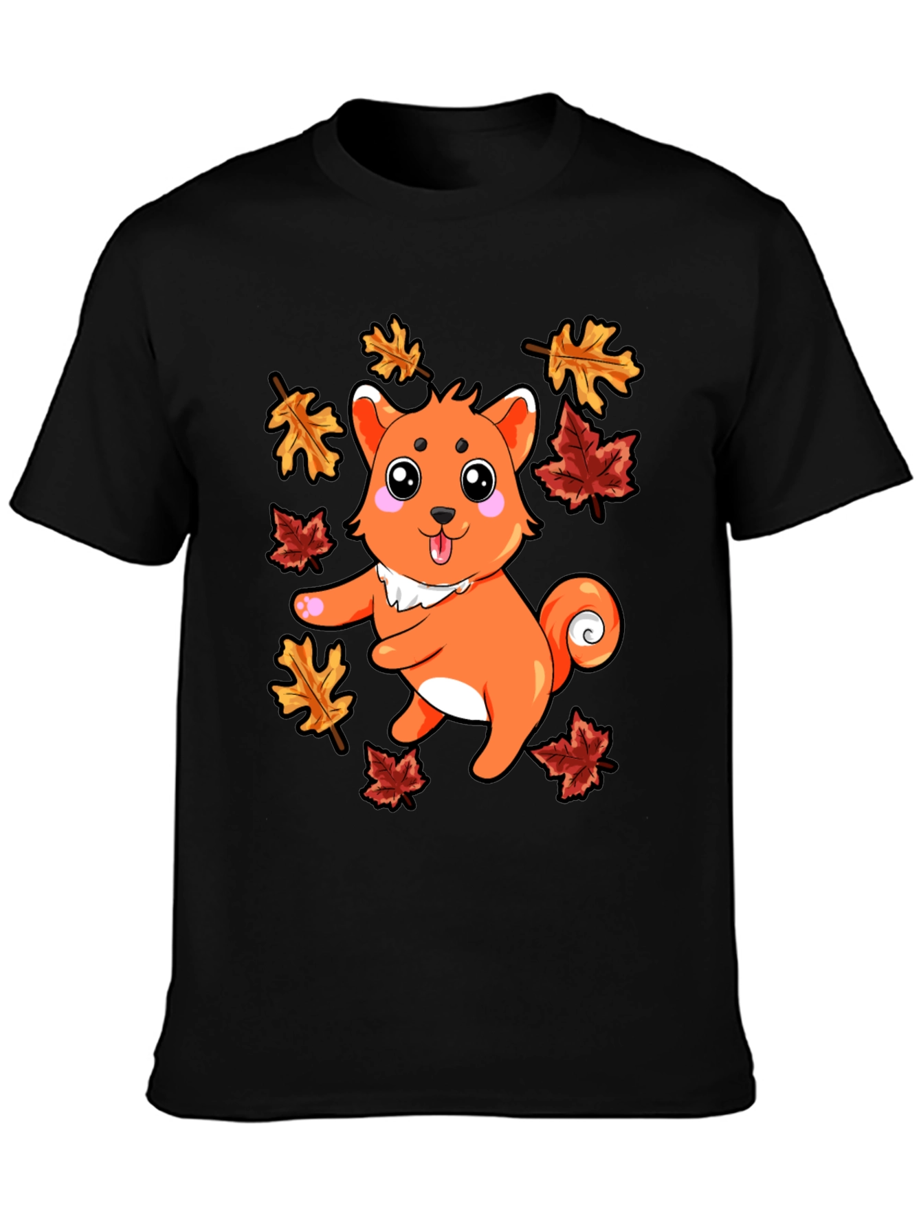 Black Autumn Shiba Inu T-Shirt - Cute Dog & Fall Leaves view 3