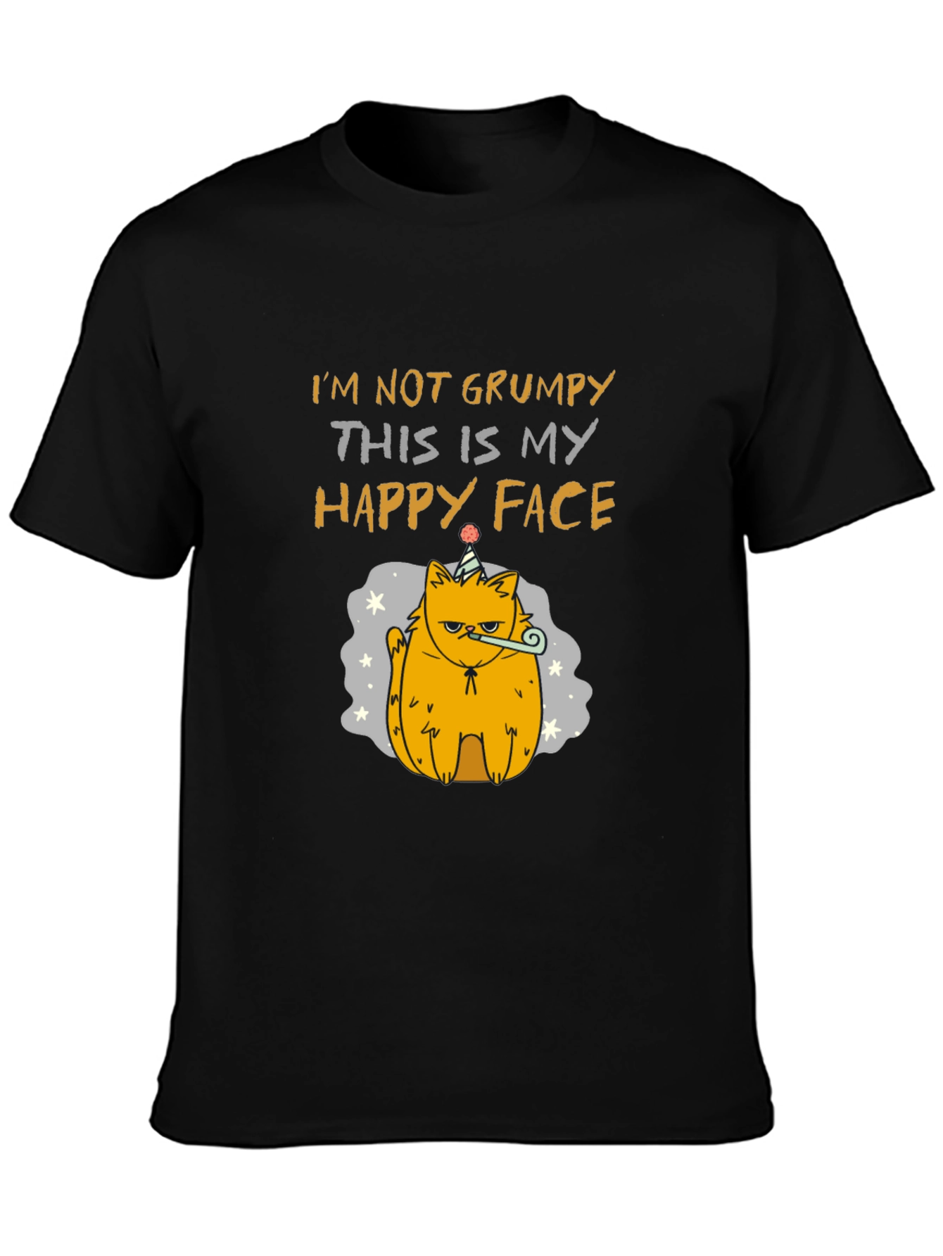Black Grumpy Cat T-Shirt - Happy Face Design view 3