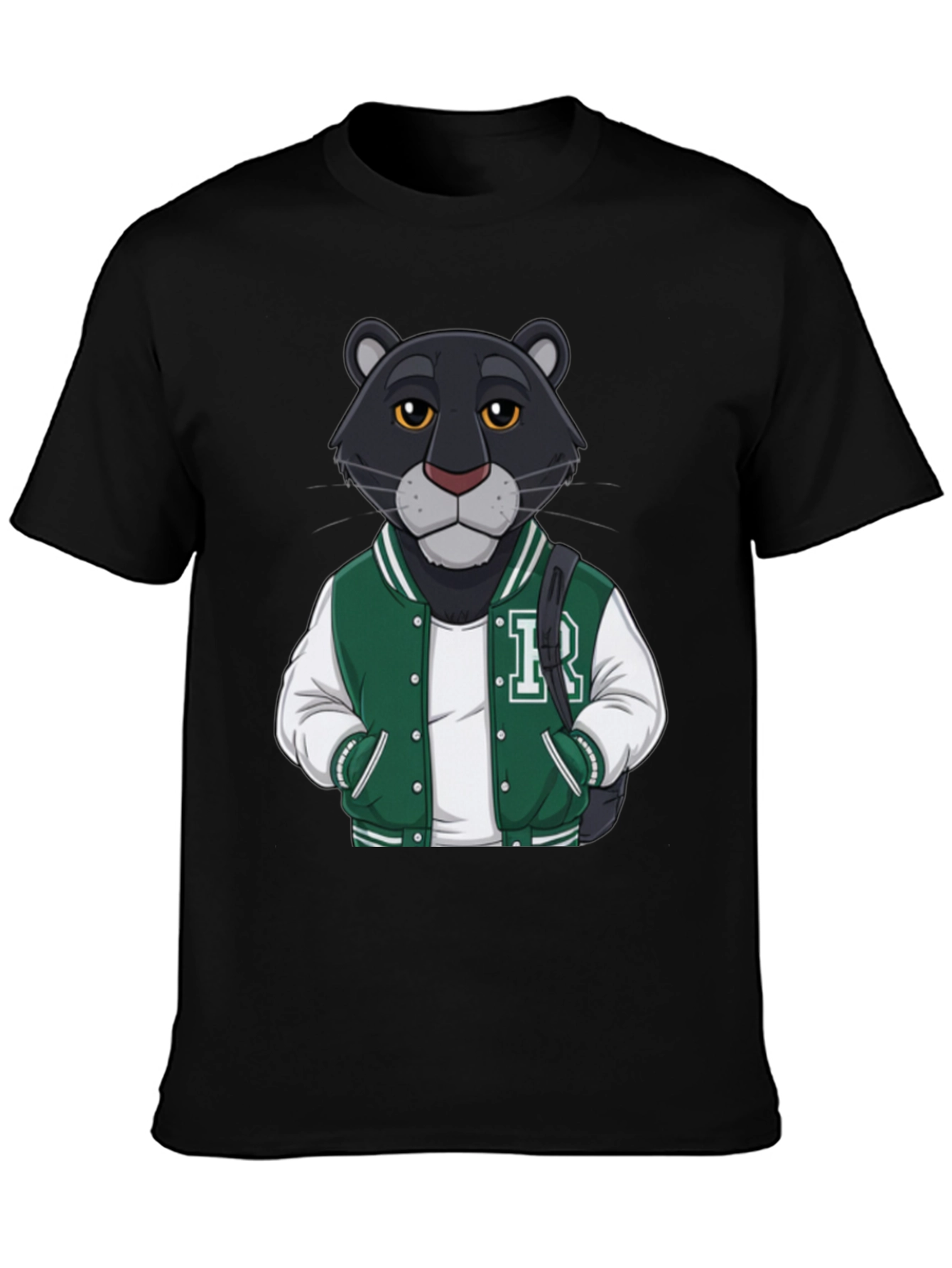 Black Cartoon Panther Varsity Jacket Graphic Tee view 3