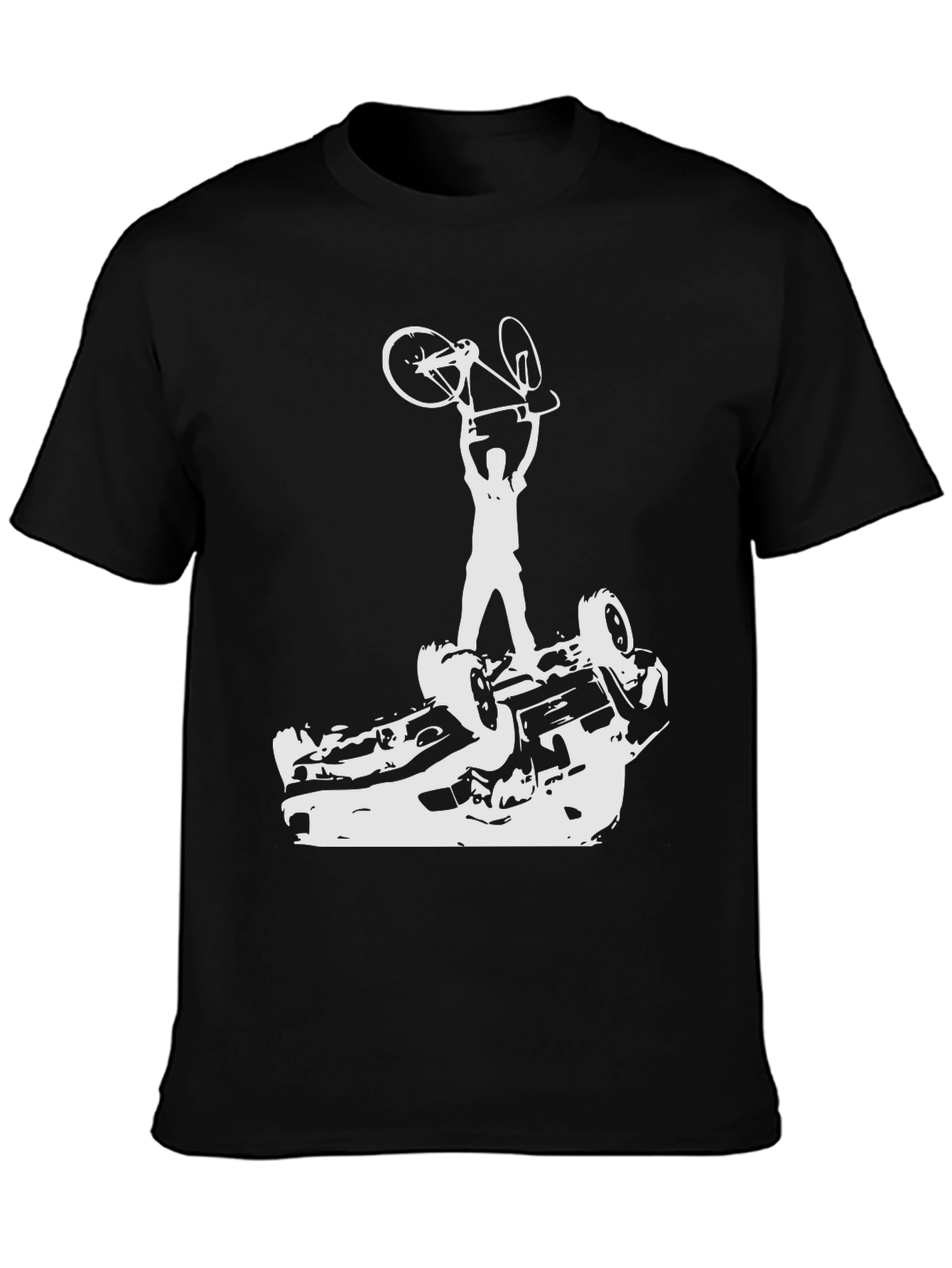 Black Black T-Shirt with Cyclist Car Flip Graphic Tee view 3