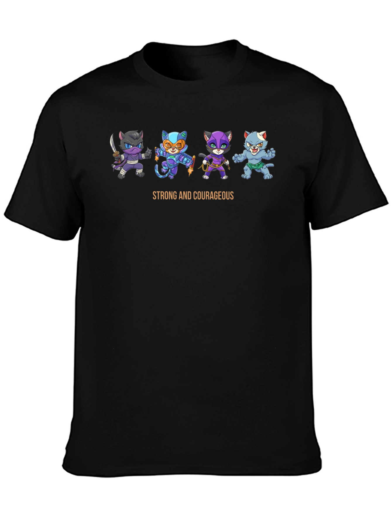 Black Strong & Courageous Cartoon Cats T-Shirt view 3