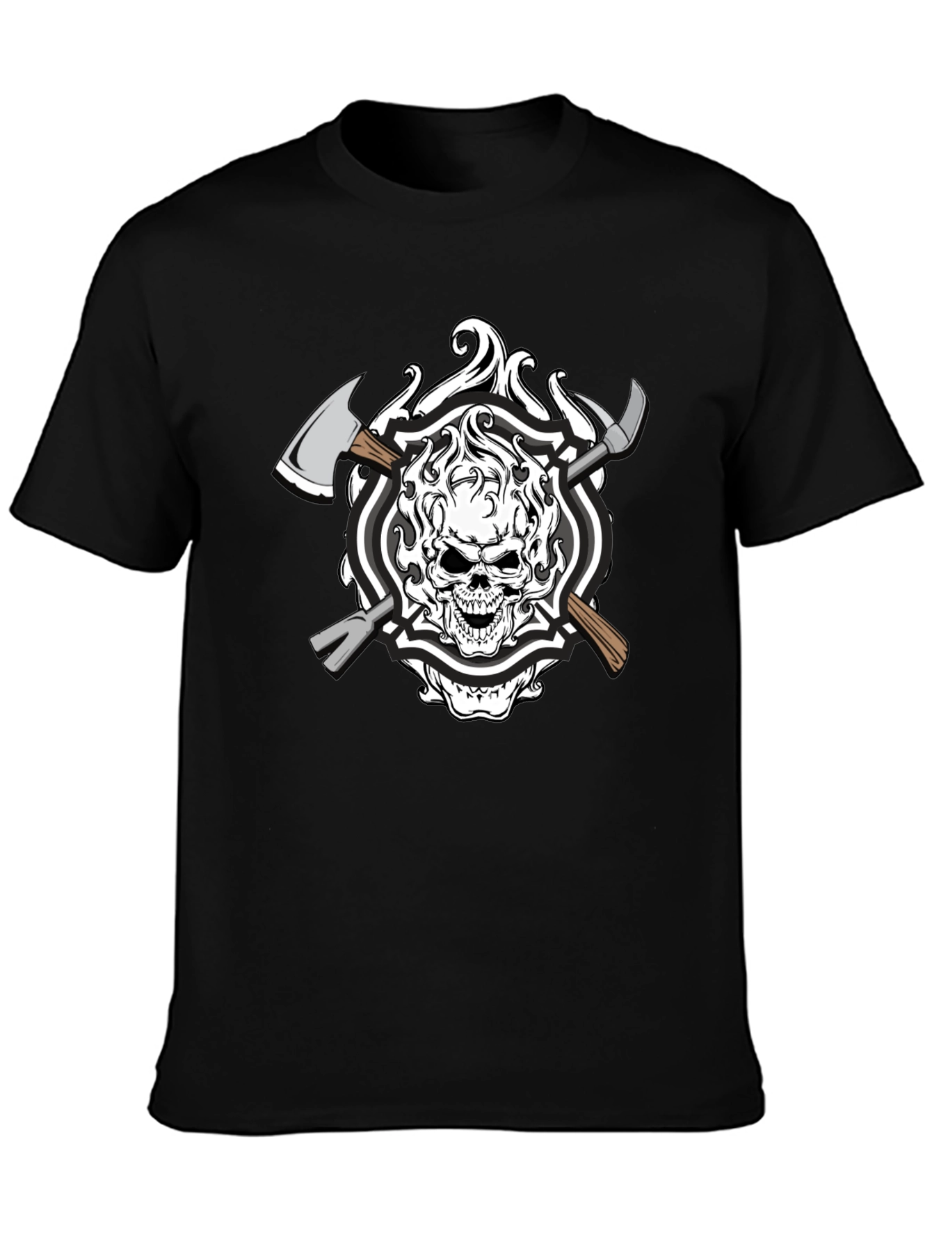 Black Skull Firefighter Axe Graphic T-Shirt - Black Cotton view 3