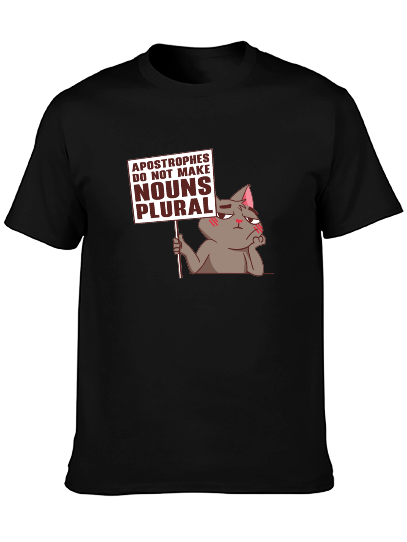 Black Grammar Cat T-Shirt - Apostrophes Do Not Make Nouns Plural Tee view 3
