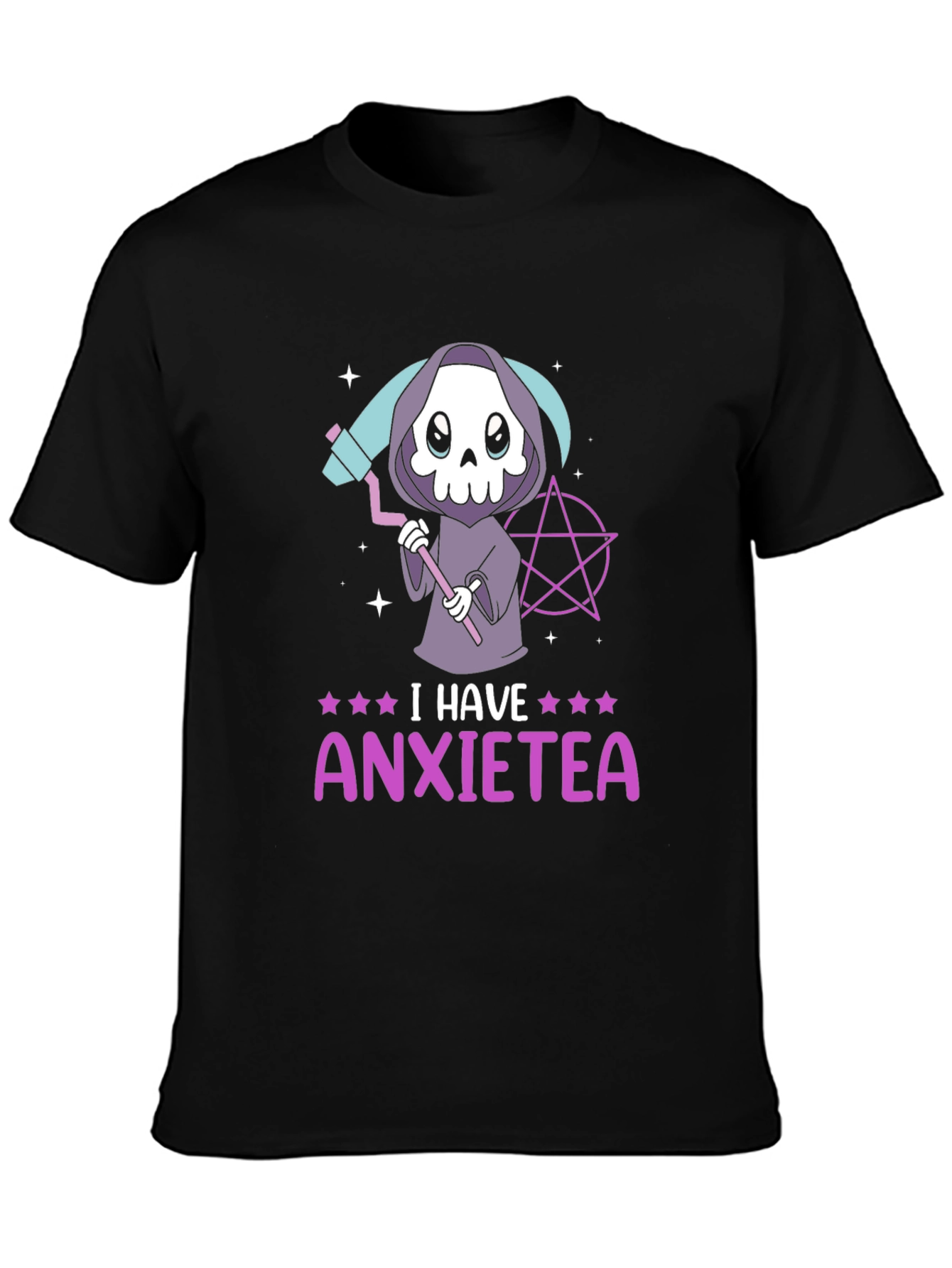 Black Anxietea T-Shirt - Cute Grim Reaper Design view 3