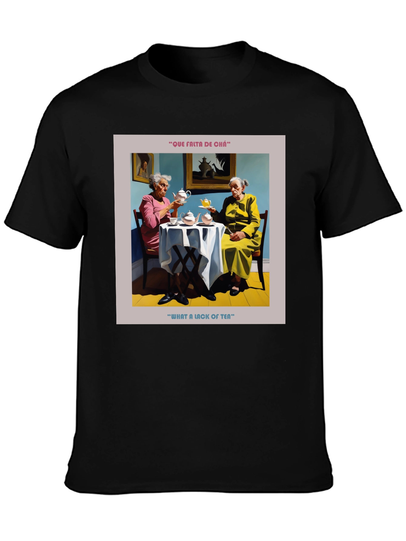 Black Humorous "What a Lack of Tea" Graphic T-Shirt view 3