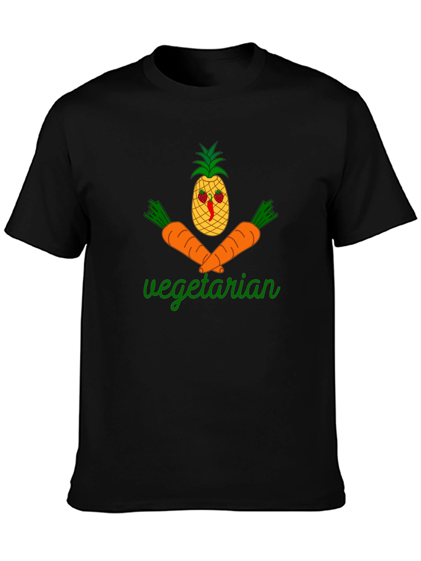 Black Vegetarian Graphic T-Shirt - Pineapple & Carrot Design view 3