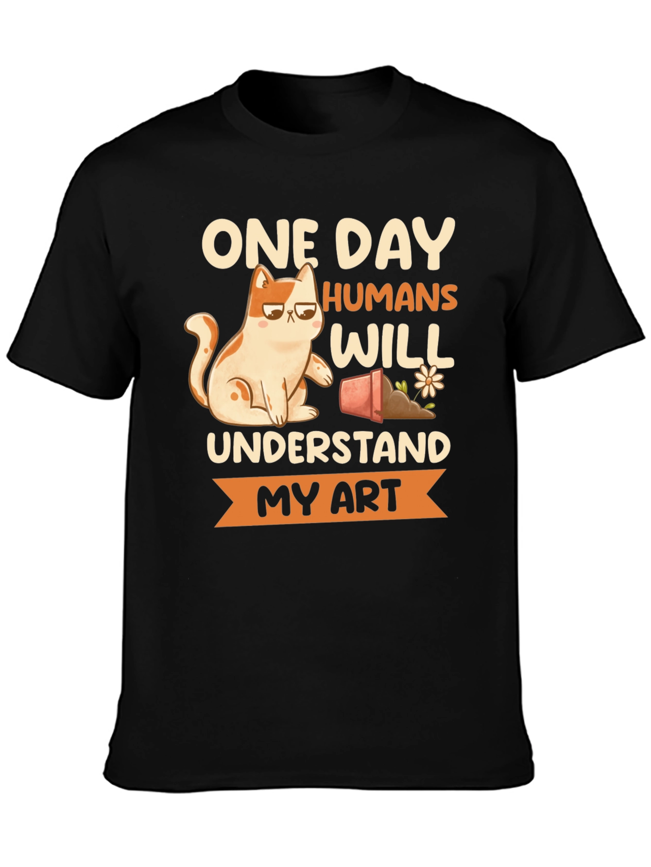Black Funny Cat Art T-Shirt - Humans Will Understand view 3