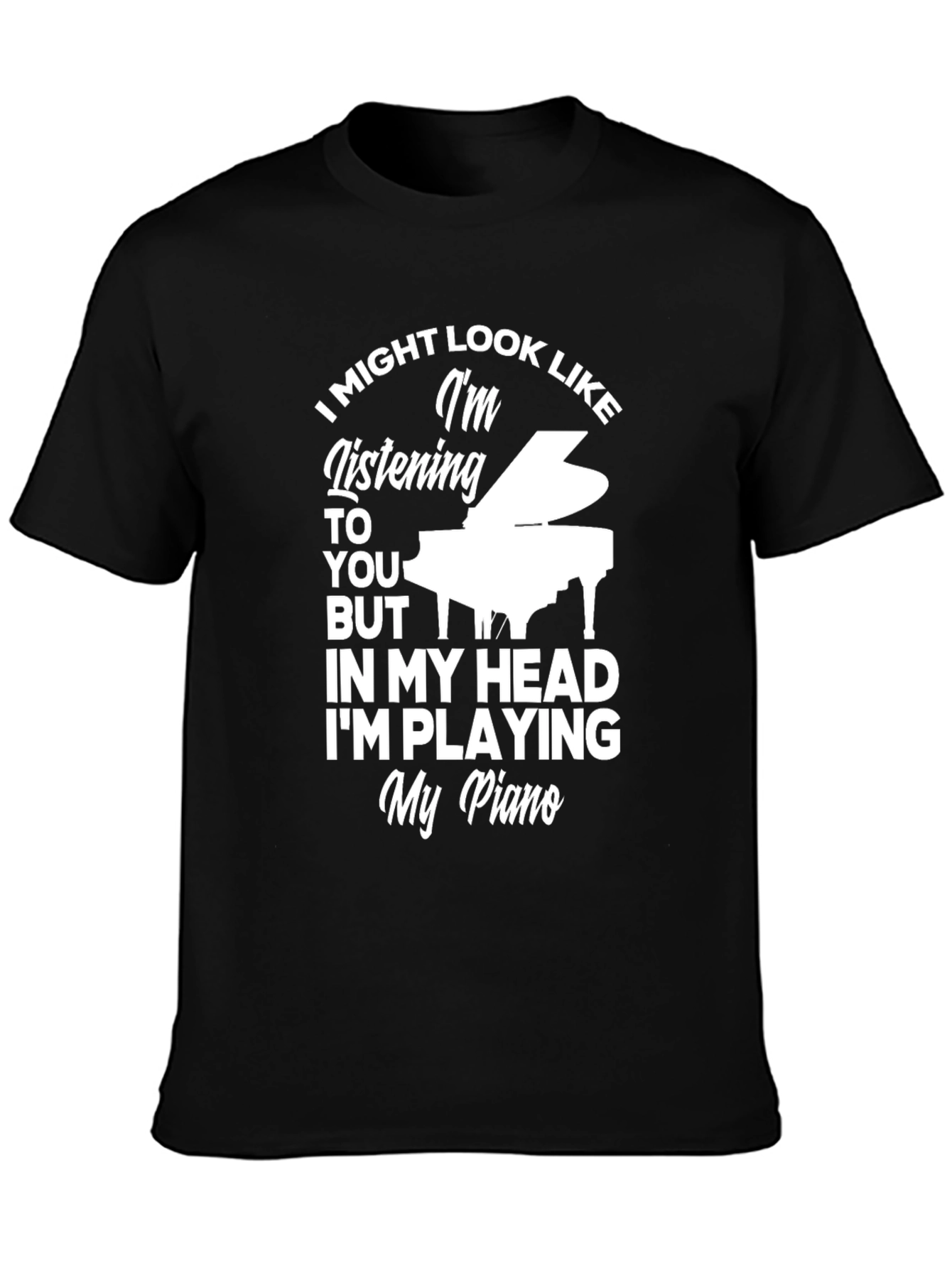 Black Piano Player T-Shirt - Listening Funny Musician Tee view 3