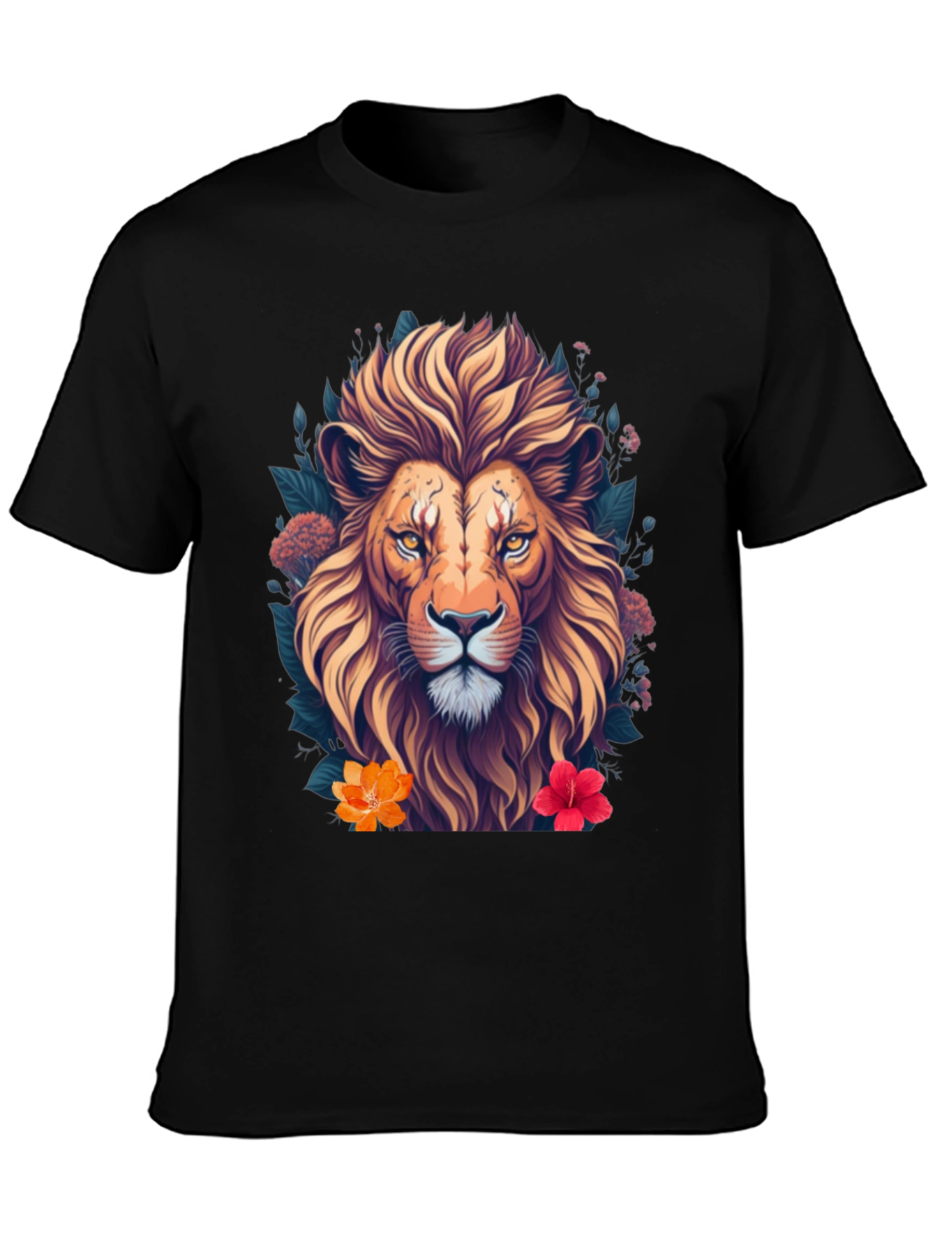 Black Lion Floral T-Shirt, Unique Graphic Tee view 3