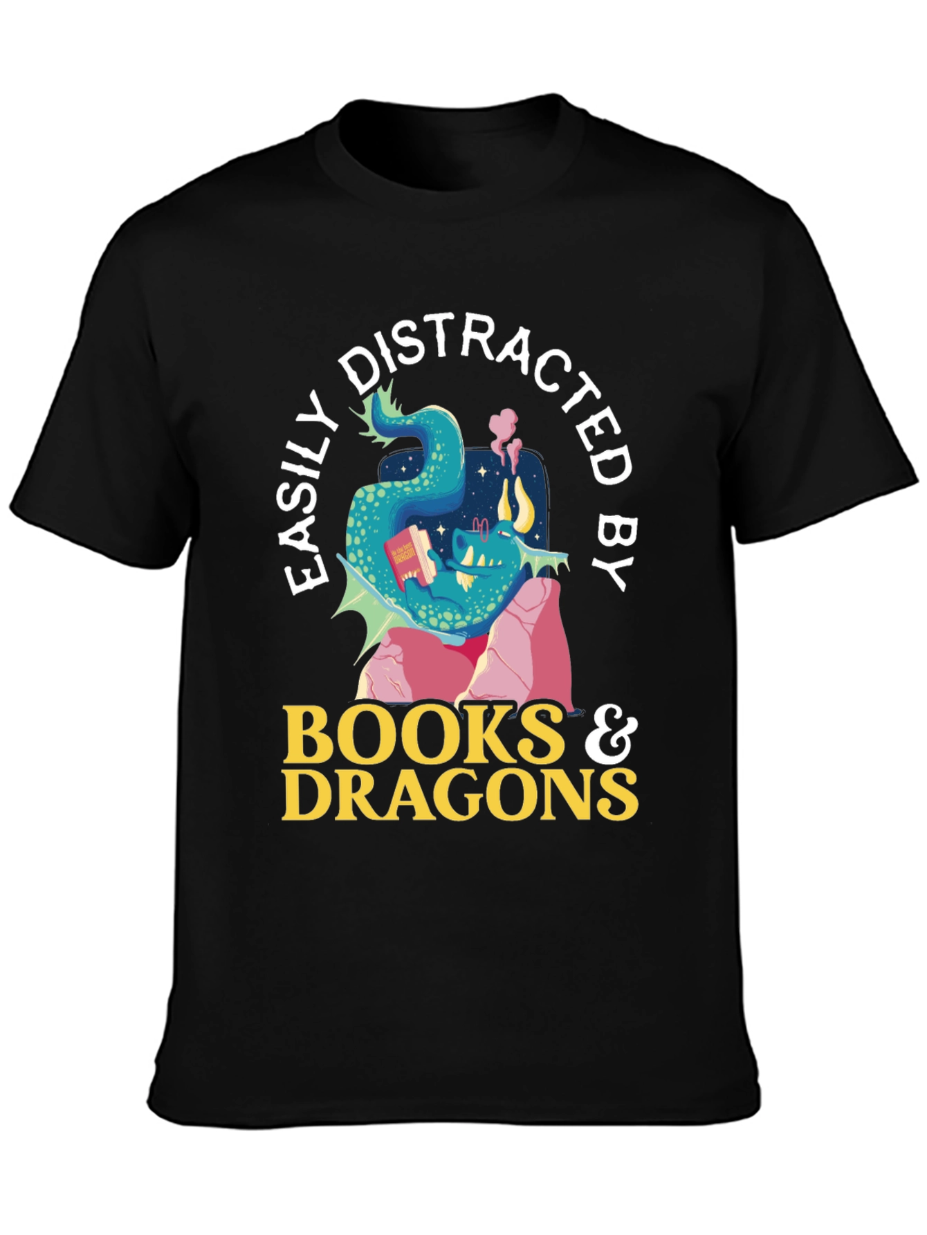 Black Easily Distracted by Books and Dragons T-Shirt view 3