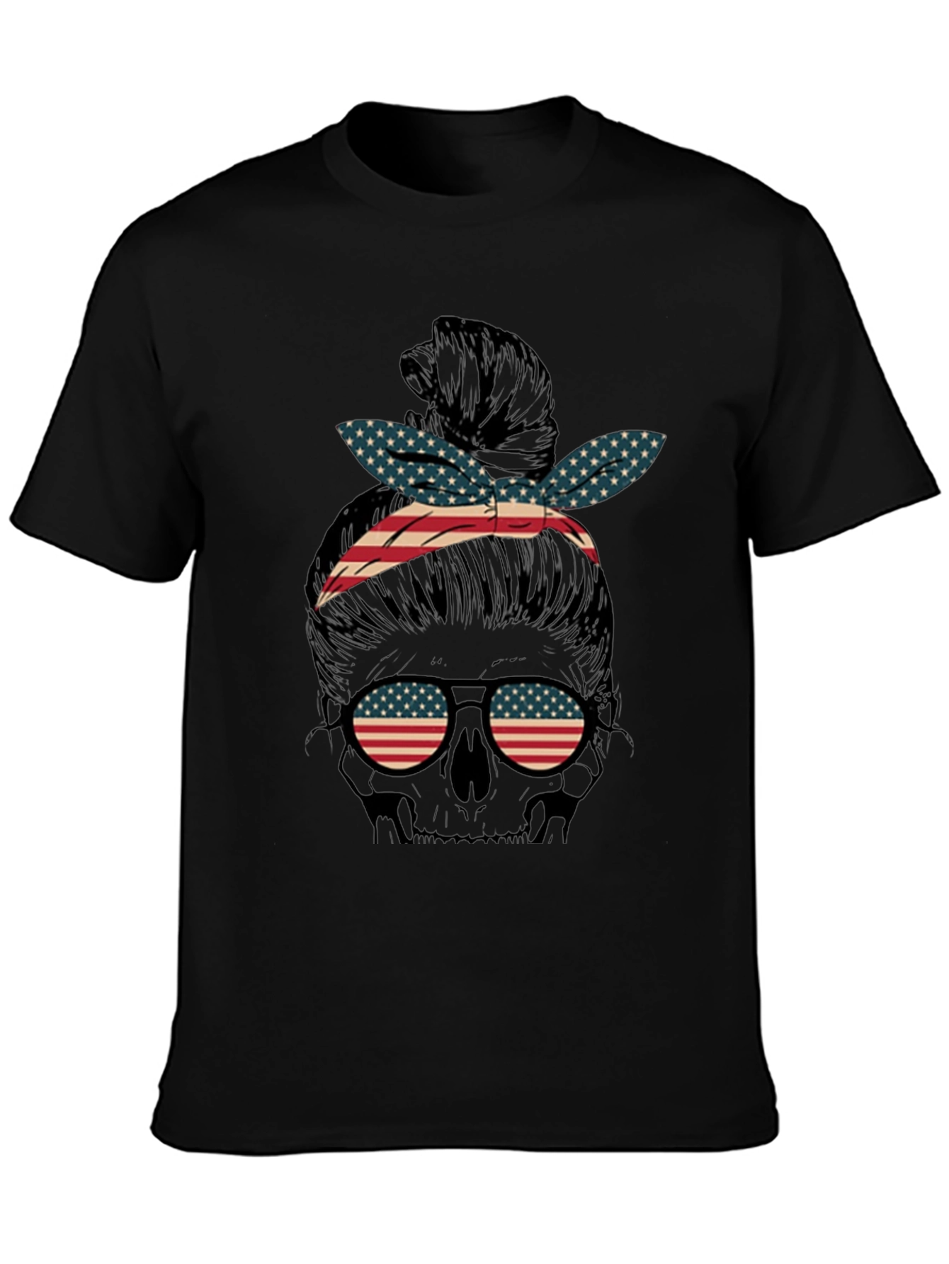 Black American Flag Skull Messy Bun Graphic Tee view 3