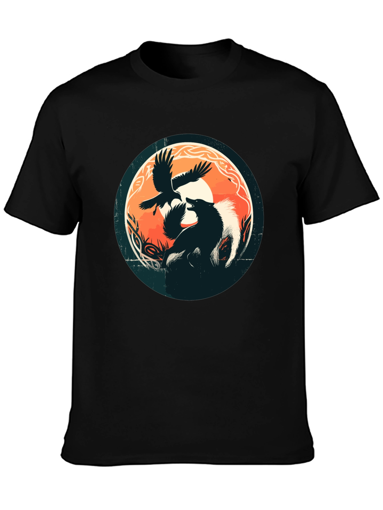 Black Wolf & Raven Graphic Tee - Black Cotton Blend Shirt view 3
