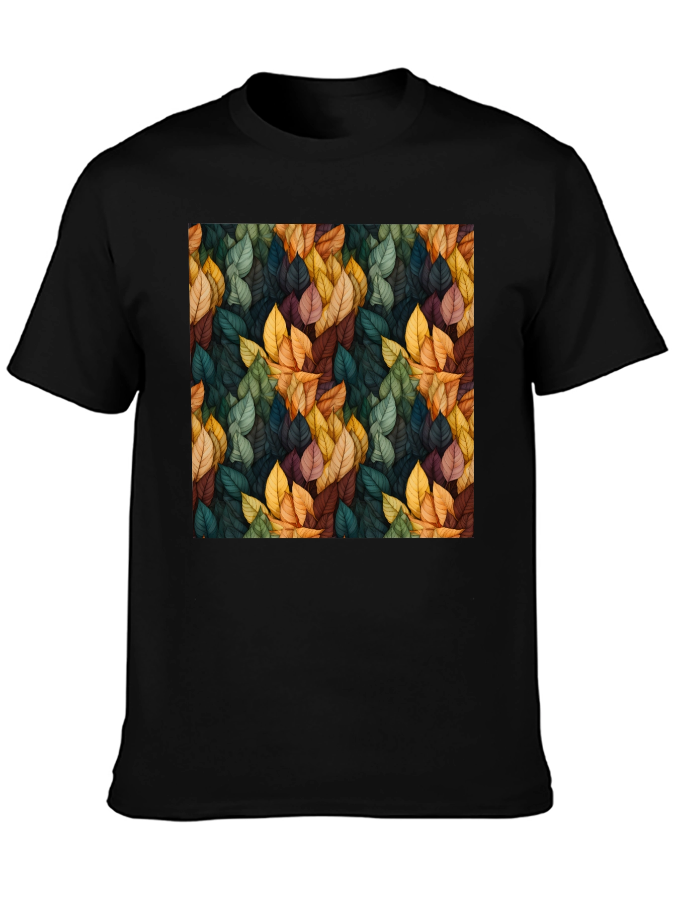 Black Autumn Leaf Pattern Black T-Shirt view 3