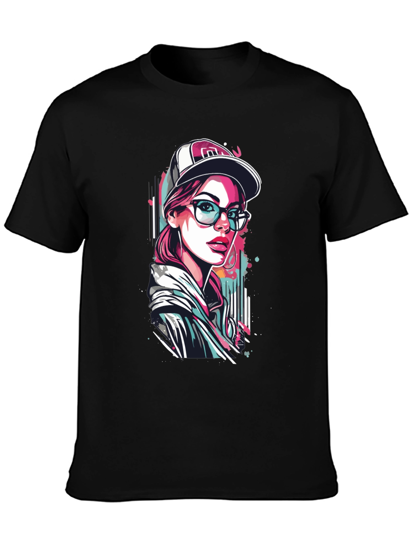 Black Stylish Woman Graphic Print Black T-Shirt view 3