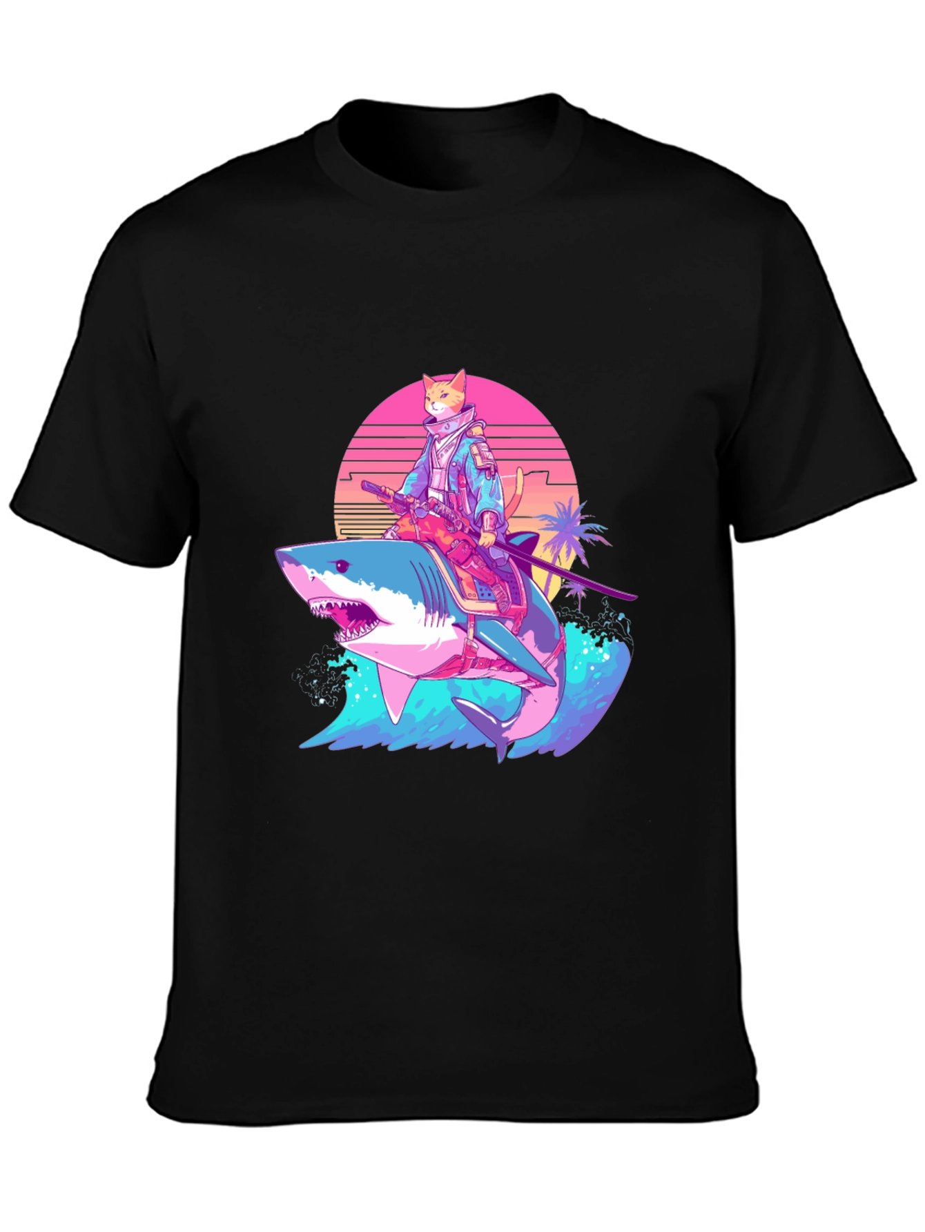 Black Cat Samurai Riding Shark T-Shirt view 3