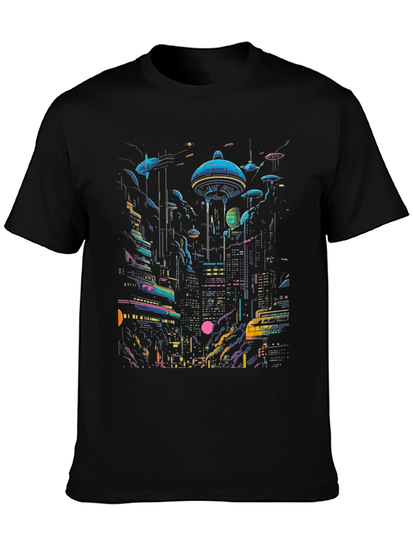 Black Neon Cityscape Graphic Tee - Retro Future Design view 3