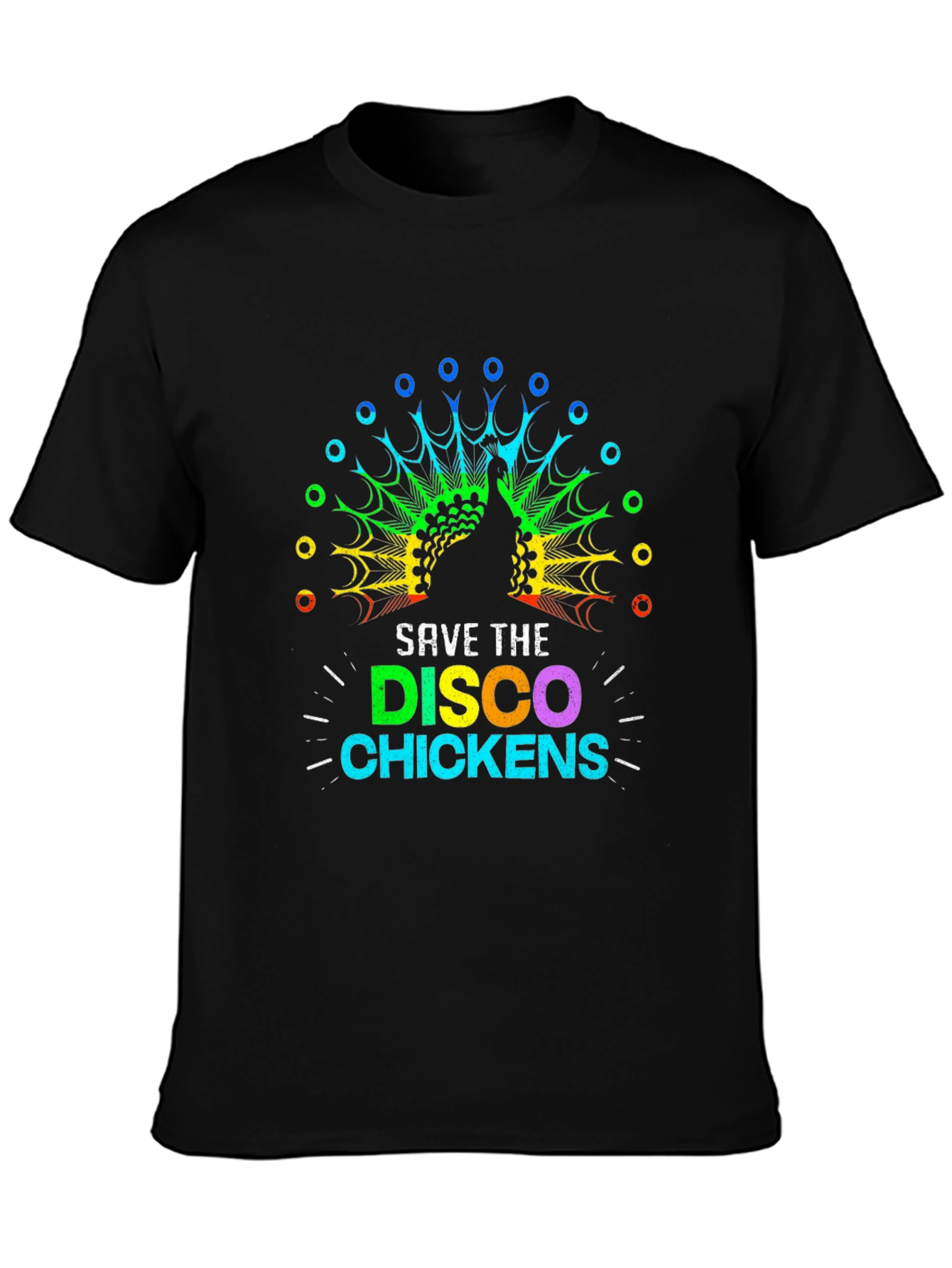Black Save The Disco Chickens T-Shirt - Rainbow Peacock Design view 3