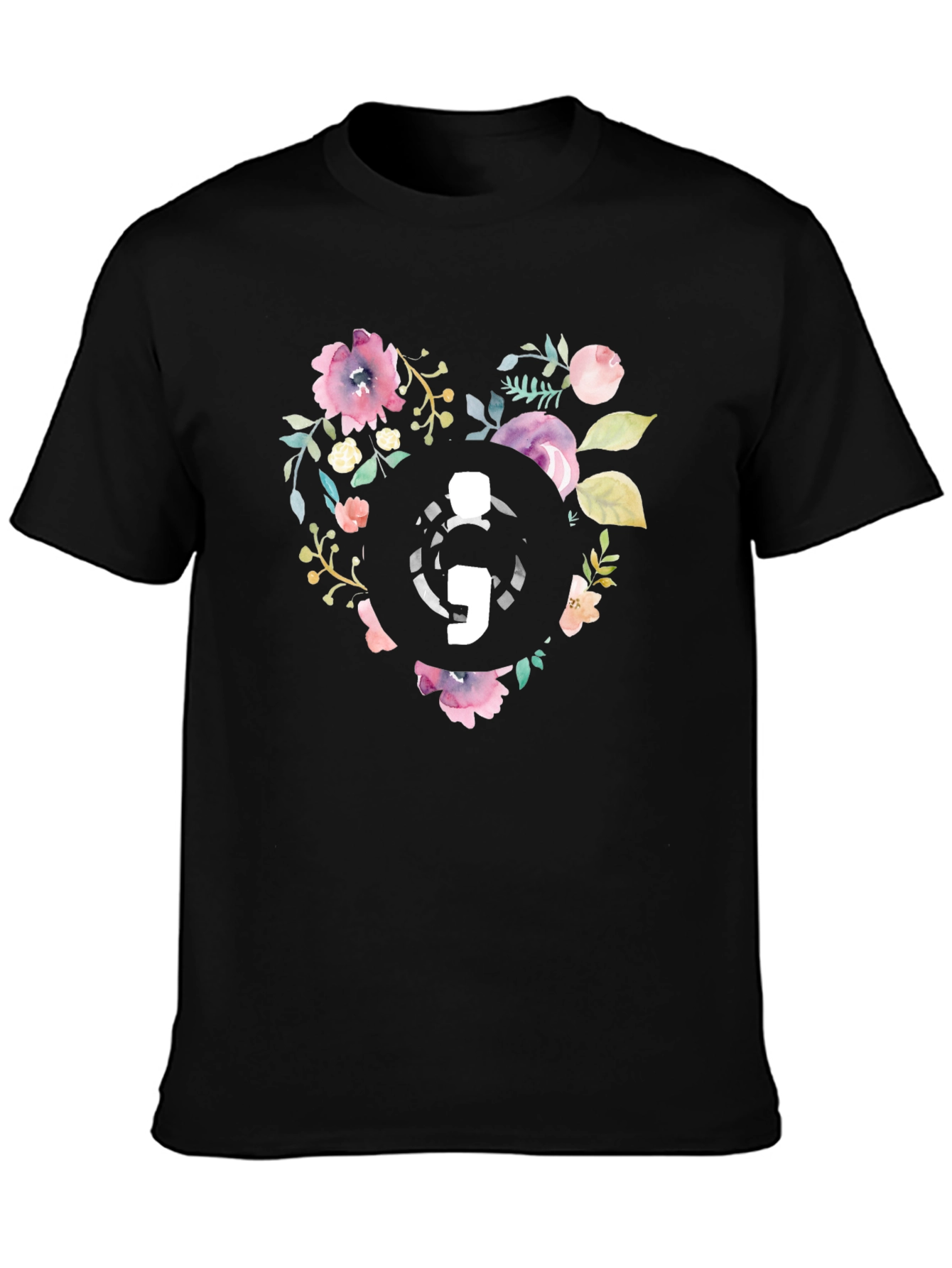 Black Floral Semicolon Heart Graphic Tee - Black view 3