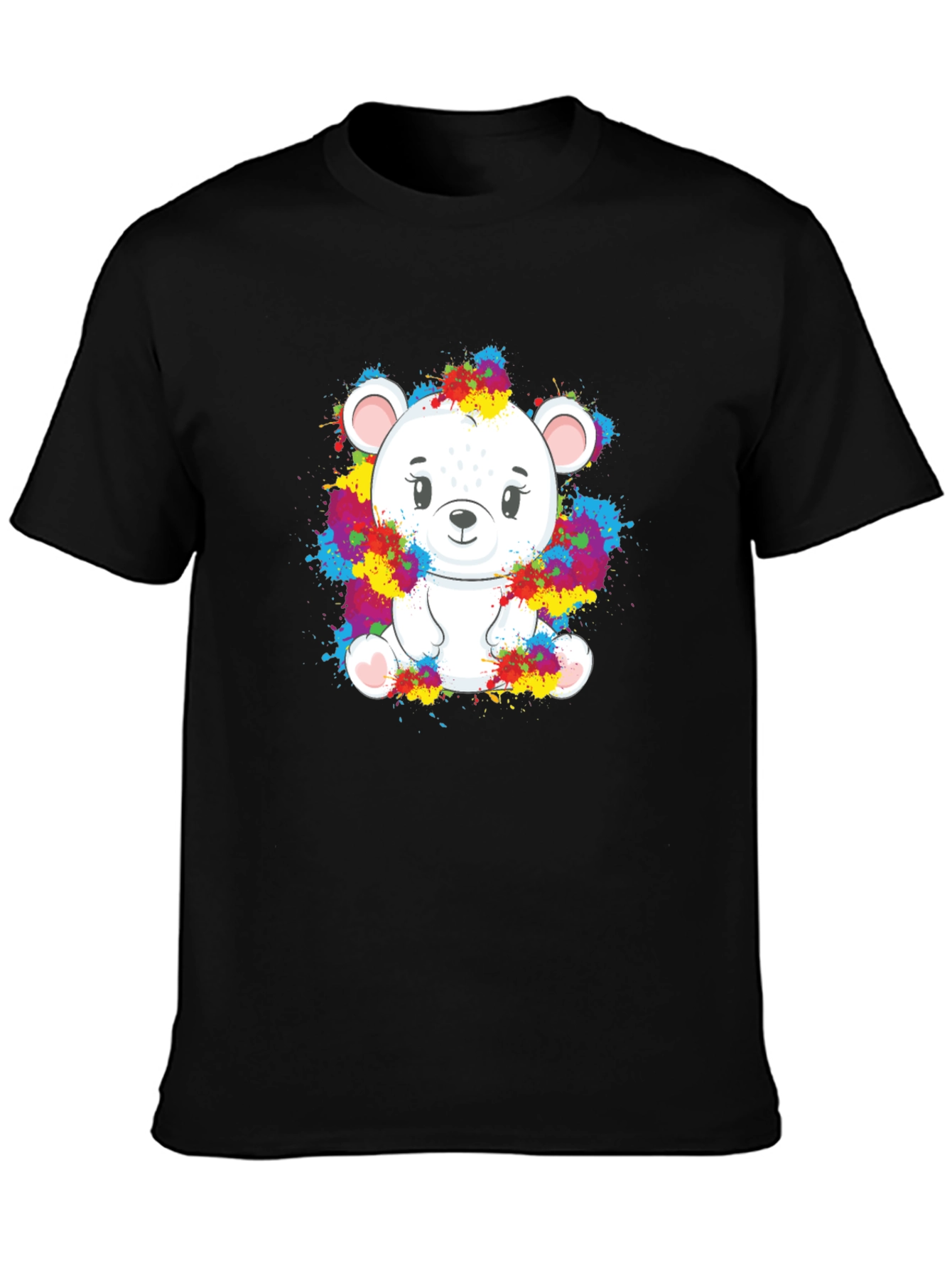 Black Cute Bear Splatter Print Black T-Shirt view 3